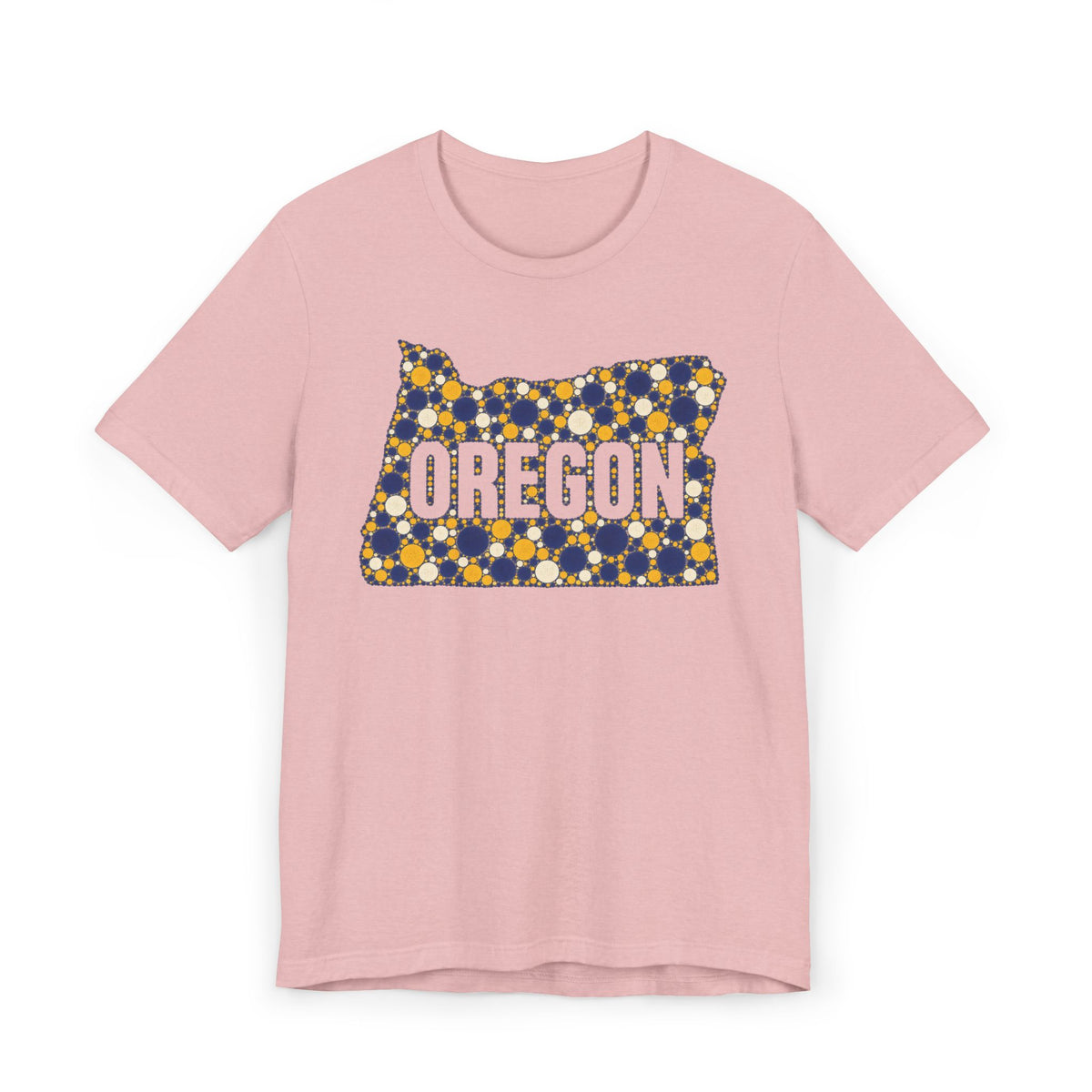 Pink Oregon map graphic t-shirt with blue and gold polka dot lettering