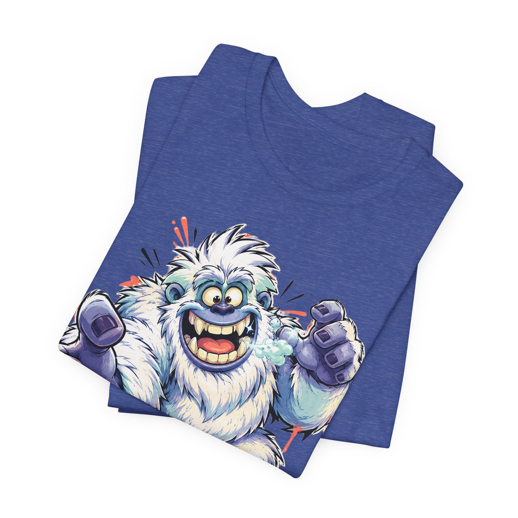 Navy T-shirt with cartoon blue yeti monster print and purple hammer detail.