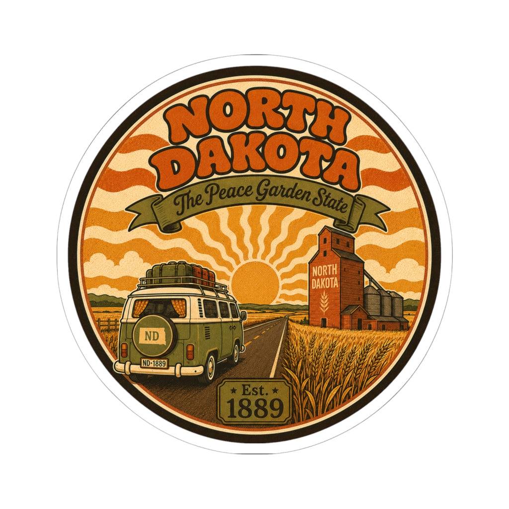 Round kiss-cut North Dakota sticker featuring Peace Garden State banner and Est. 1889