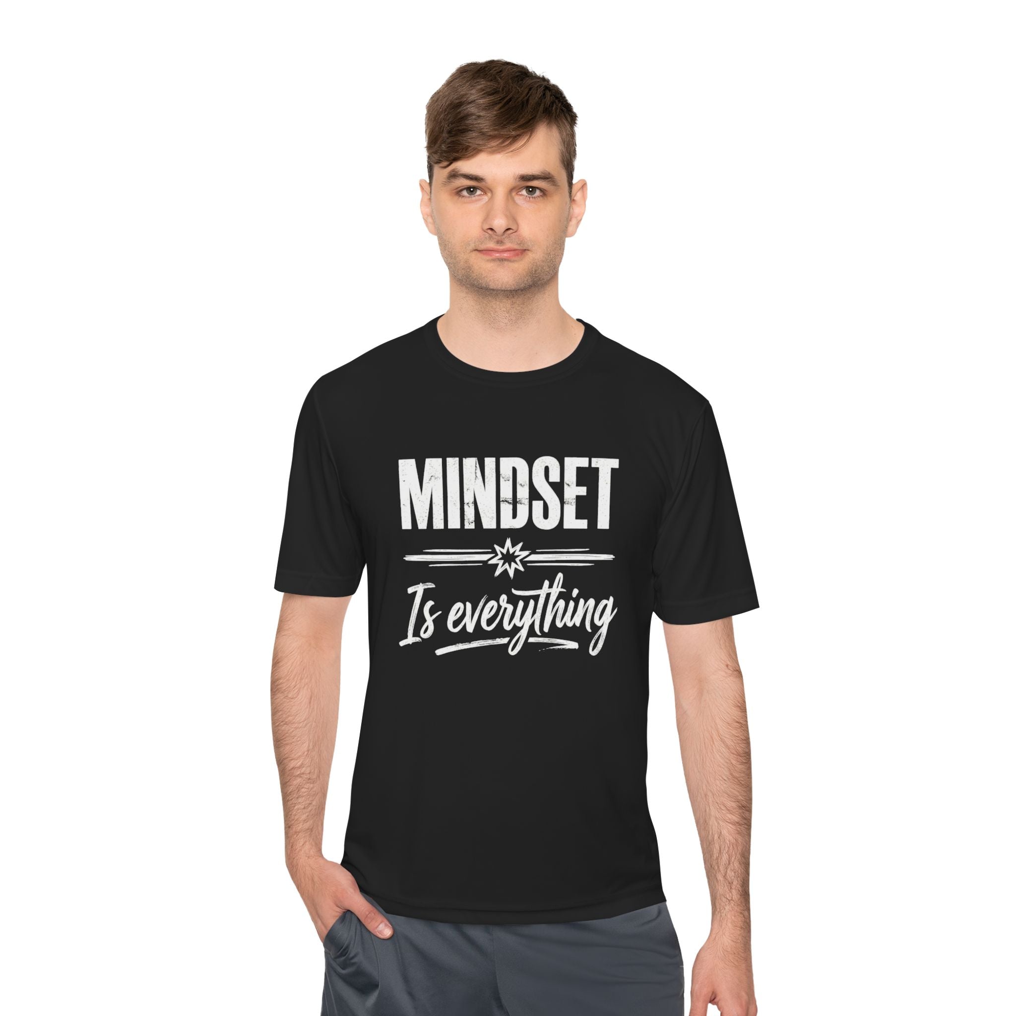 Black T-shirt with “MINDSET” and “Is everything” typography print on front