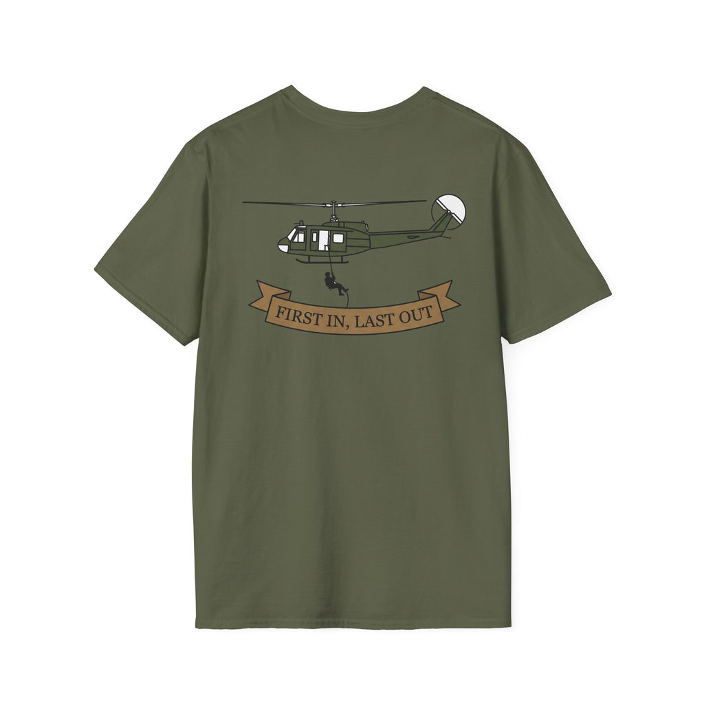 Military green rescue helicopter T-shirt with “FIRST IN, LAST OUT” ribbon graphic