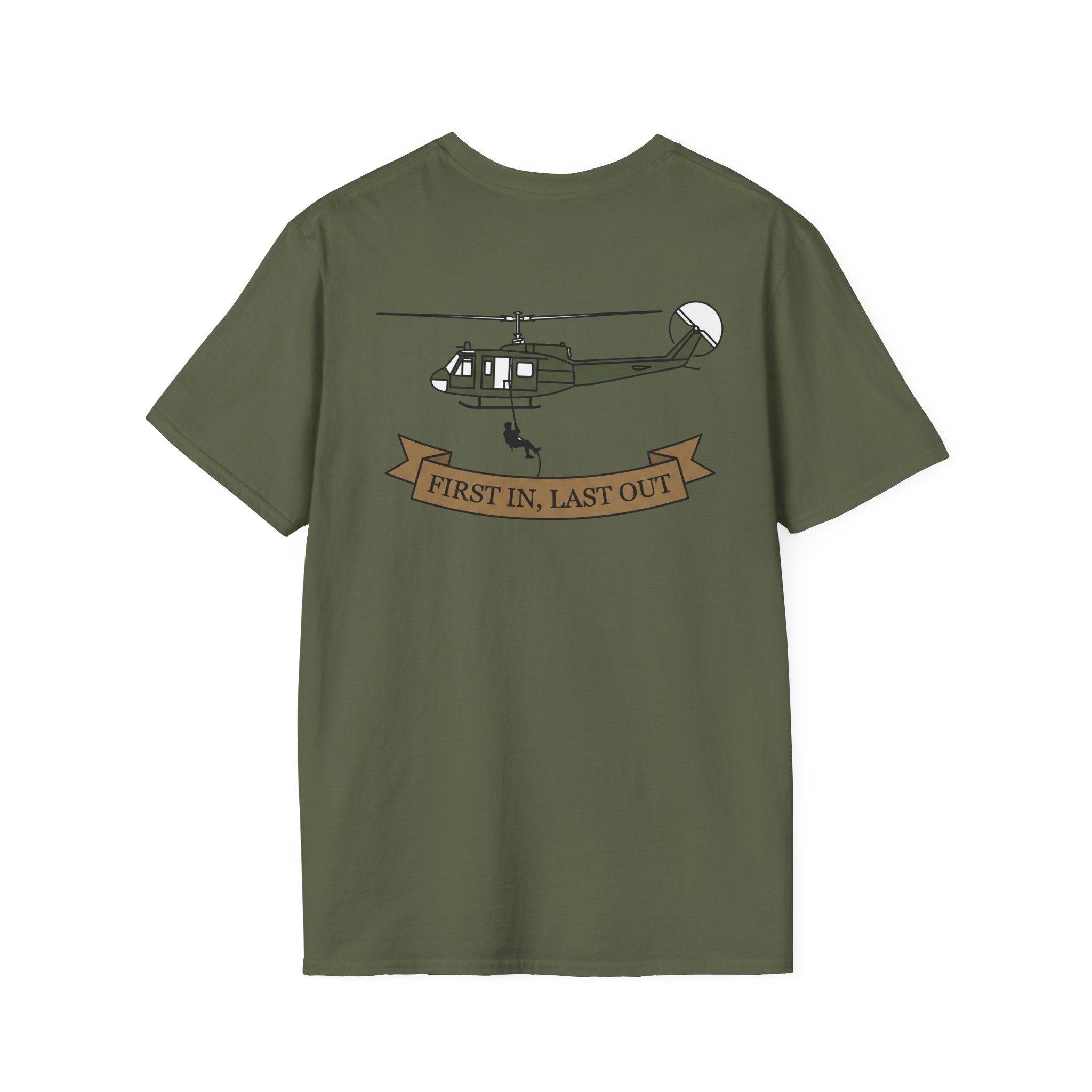 Military green rescue helicopter T-shirt with “FIRST IN, LAST OUT” ribbon graphic