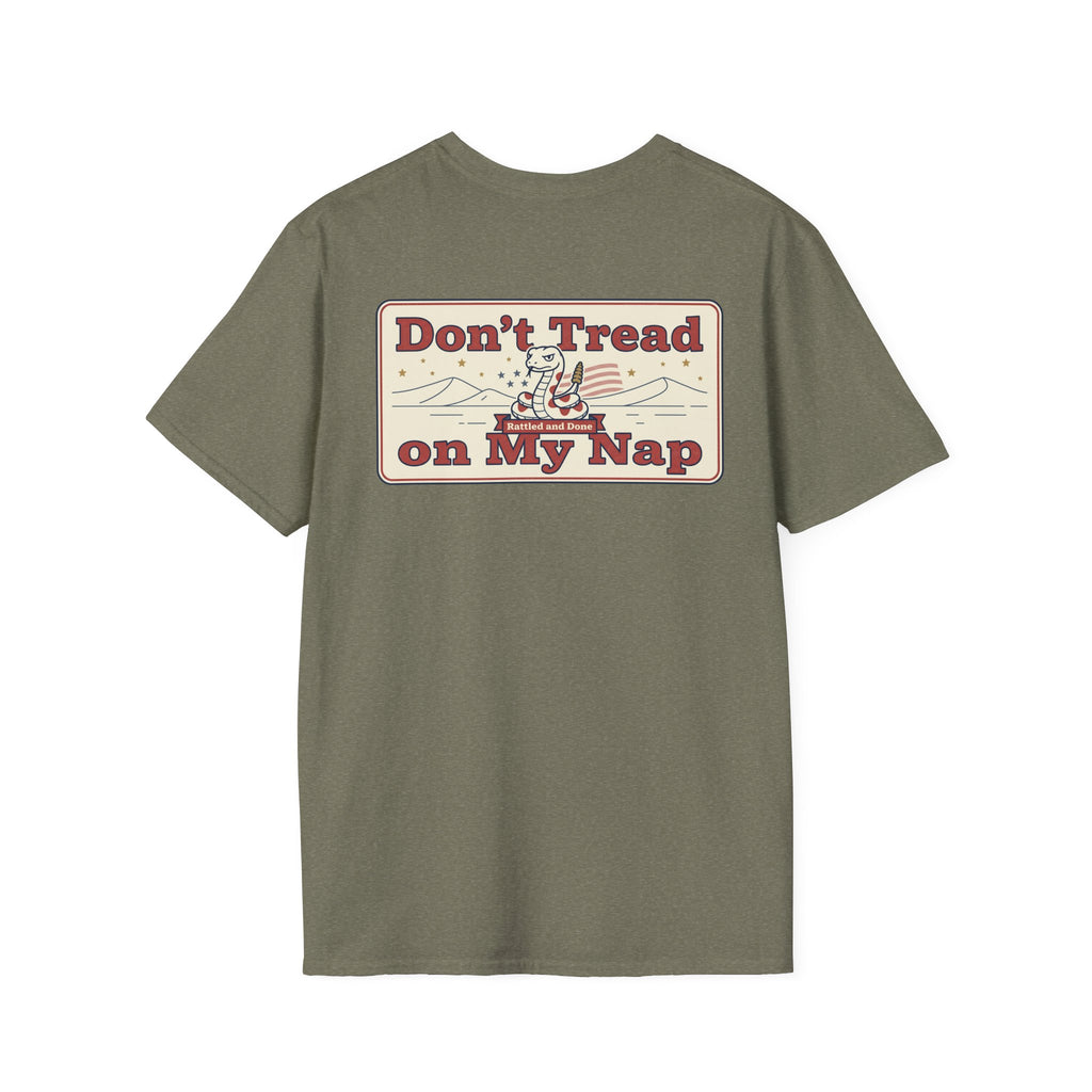T-shirt in dark olive green with "Don't Tread on My Nap" chest graphic