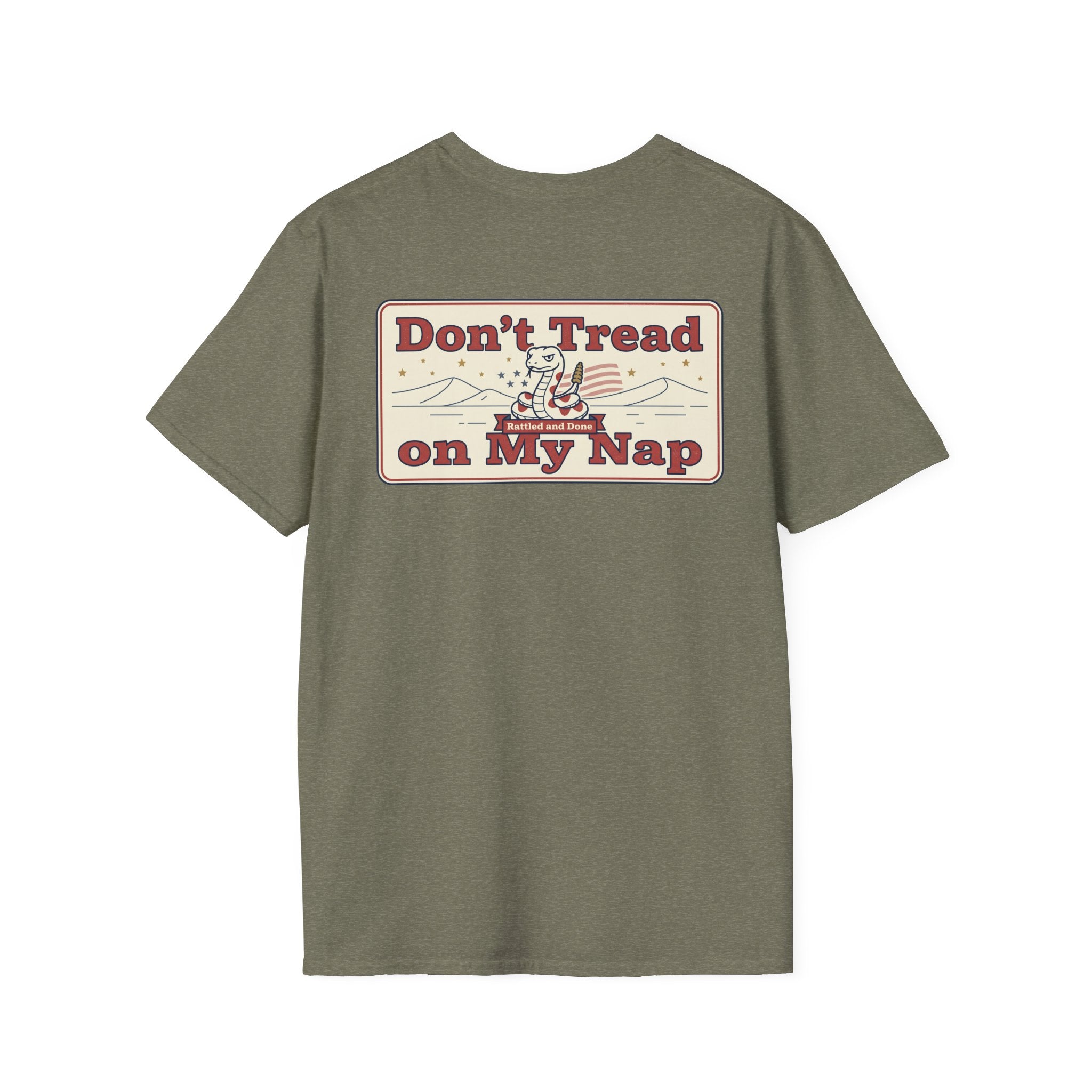T-shirt in dark olive green with "Don't Tread on My Nap" chest graphic