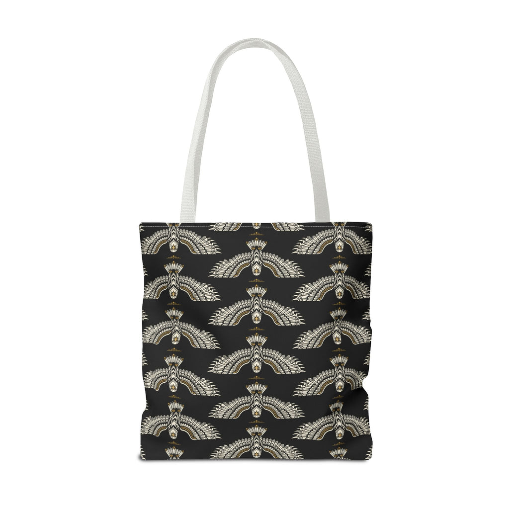 Winged scarab tote bag front view, black with gold repeating scarab motifs and light straps