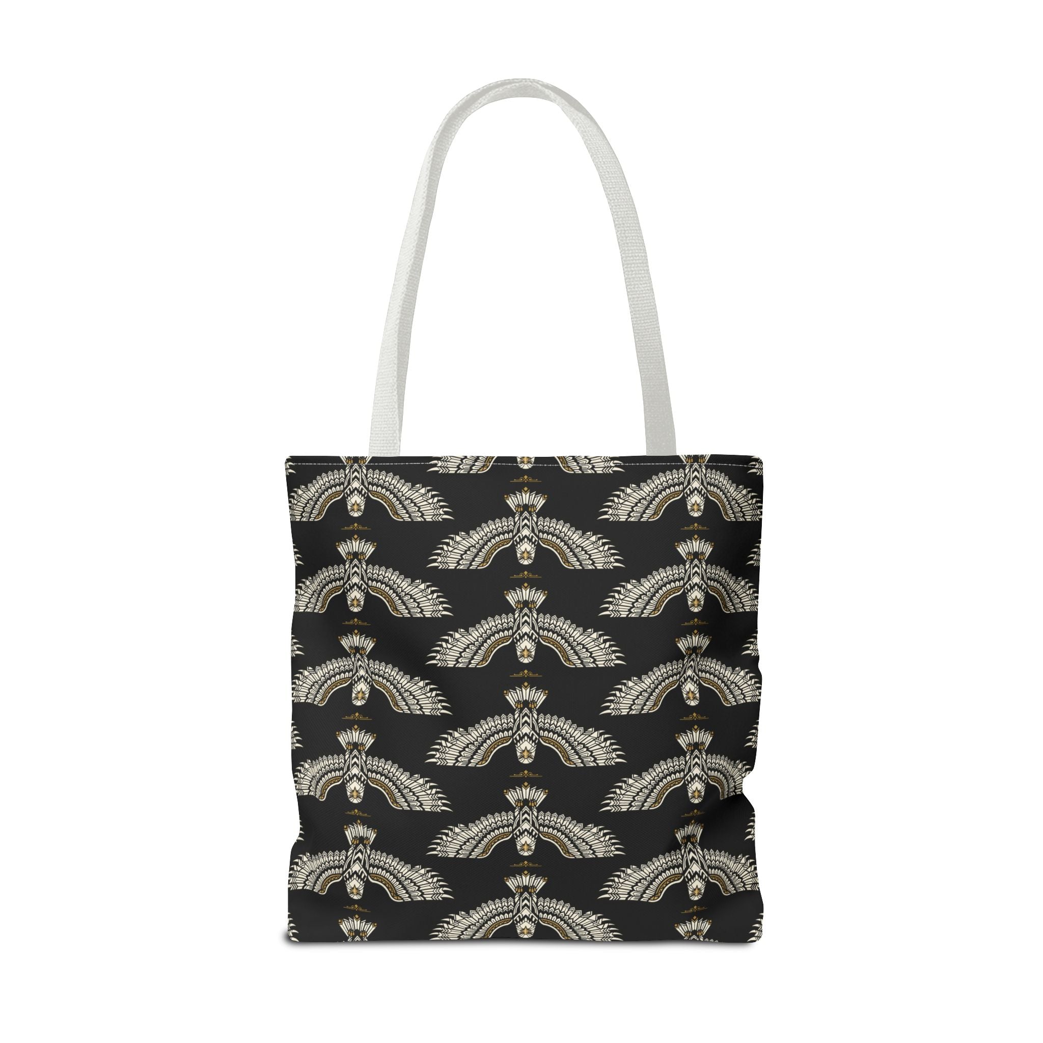 Winged scarab tote bag front view, black with gold repeating scarab motifs and light straps