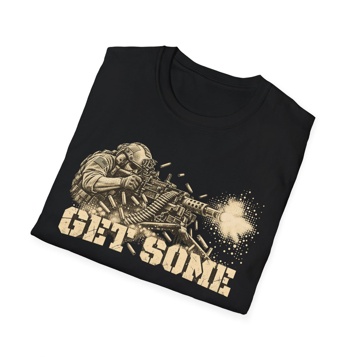 Black crewneck T-shirt with vintage soldier and machine gun graphic in gold and white