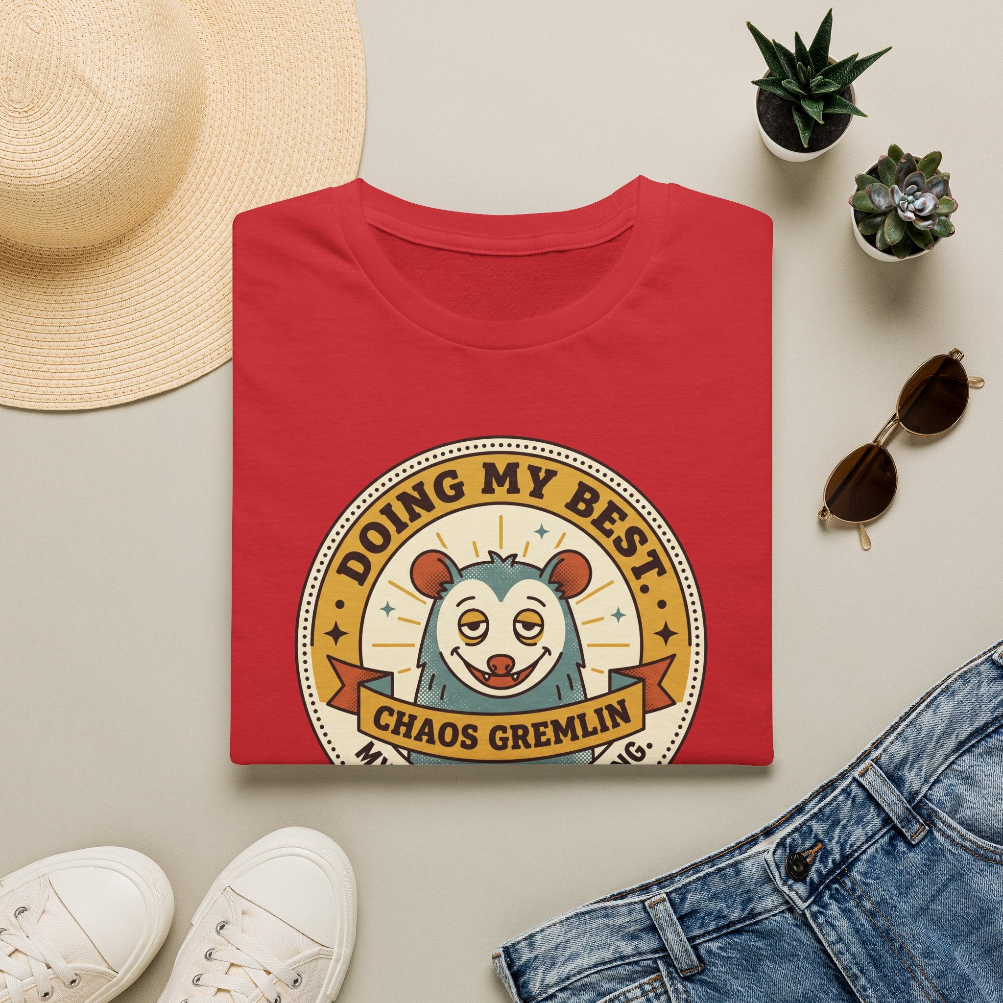 Red crewneck T-shirt with circular cartoon gremlin graphic on chest