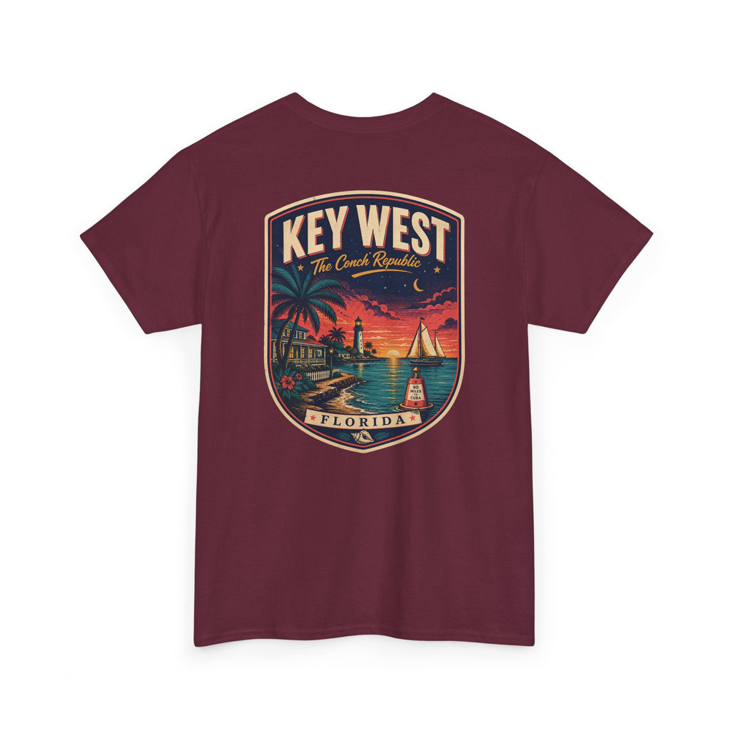 Maroon crewneck T-shirt with Key West Florida badge lighthouse print.