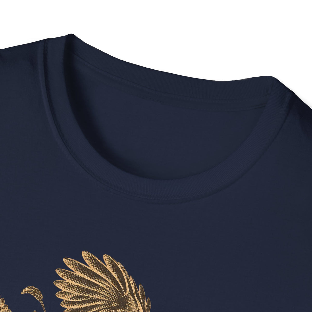Navy crew-neck T-shirt neckline close-up, short sleeves