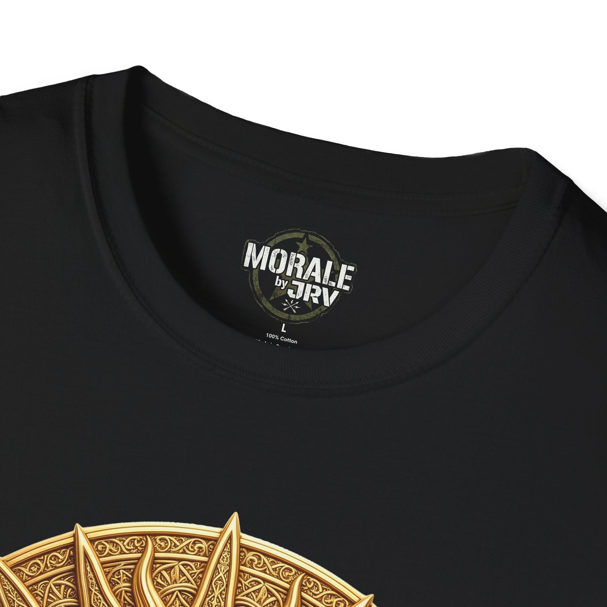 Black crewneck T-shirt logo on neckline; no other front graphic visible.