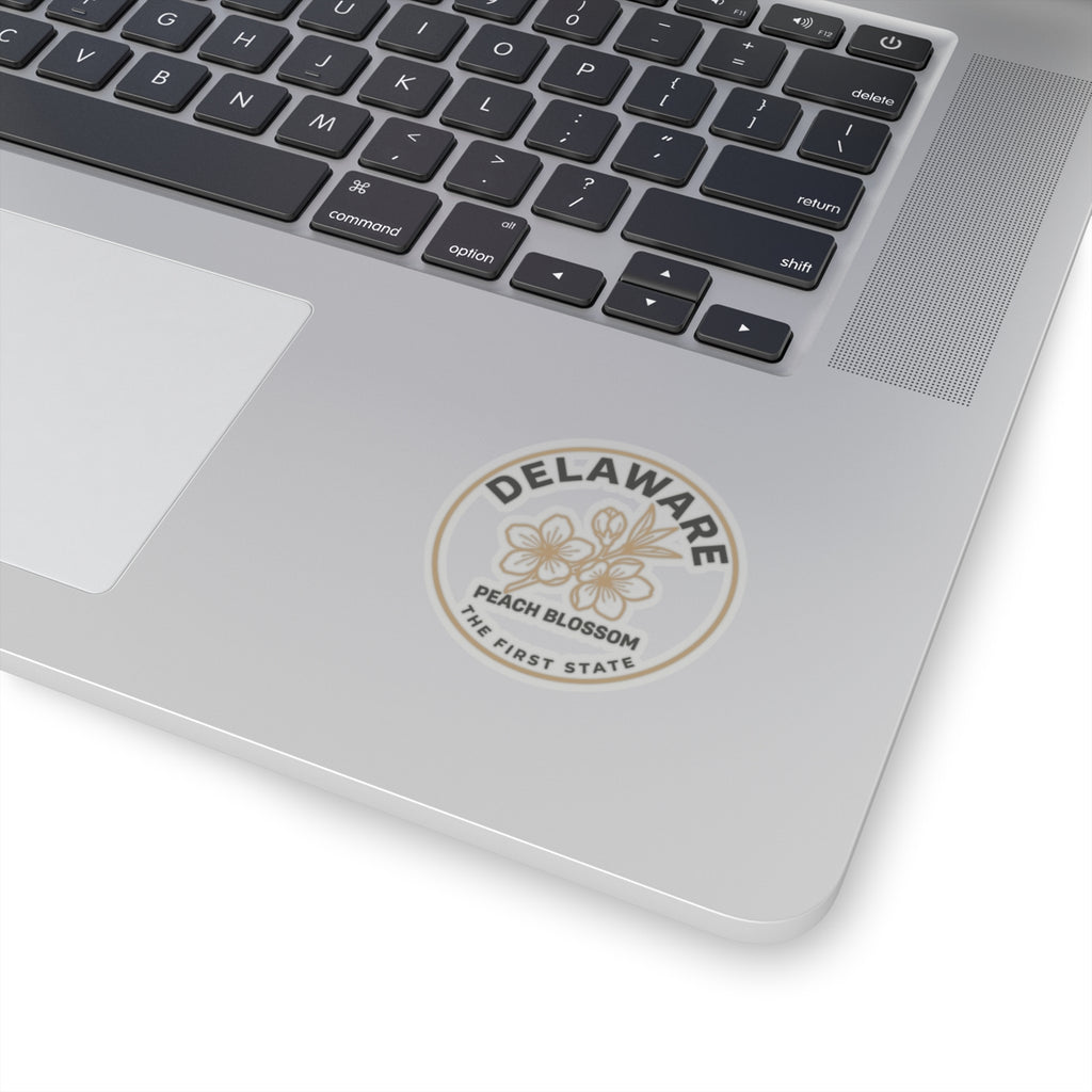 Transparent vinyl circular decal on laptop lid: DELAWARE, PEACH BLOSSOM, THE FIRST STATE