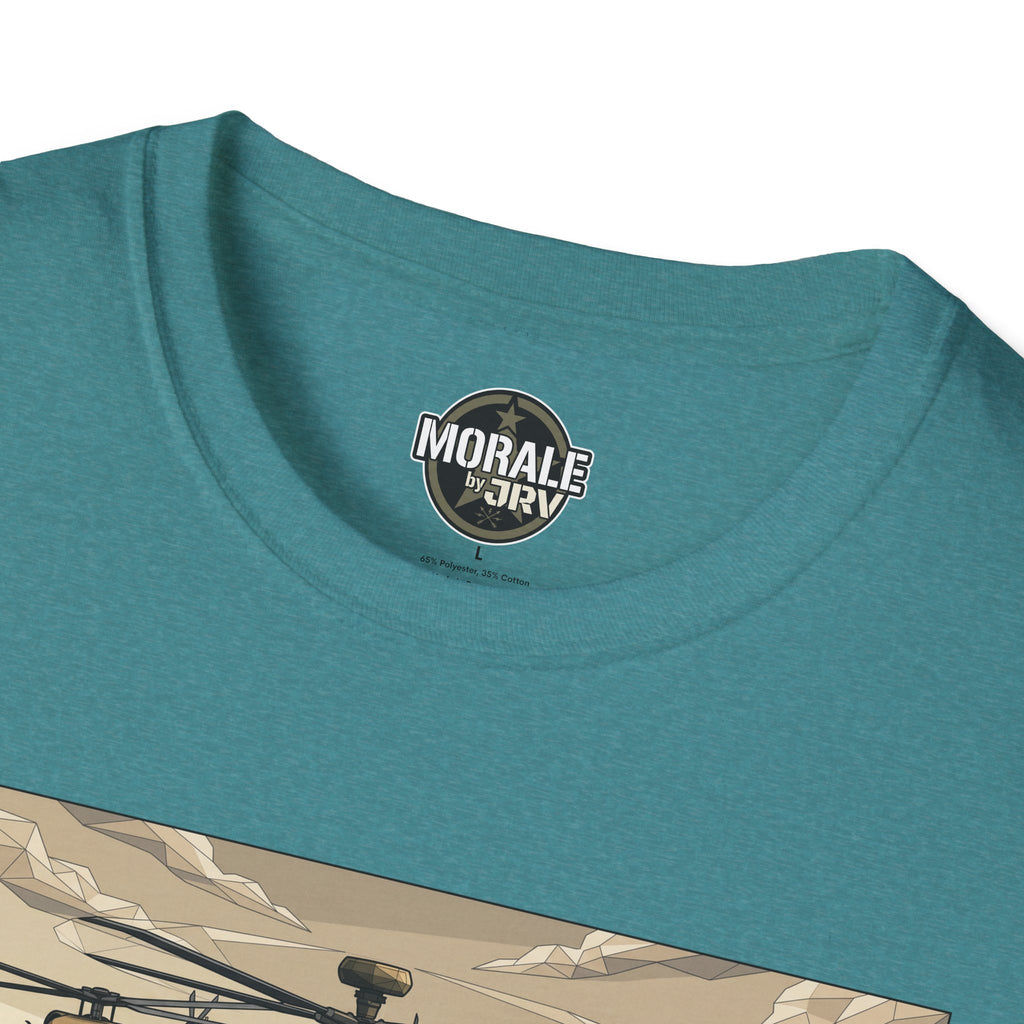 “MORALE by JRIV” collar logo on teal T-shirt.