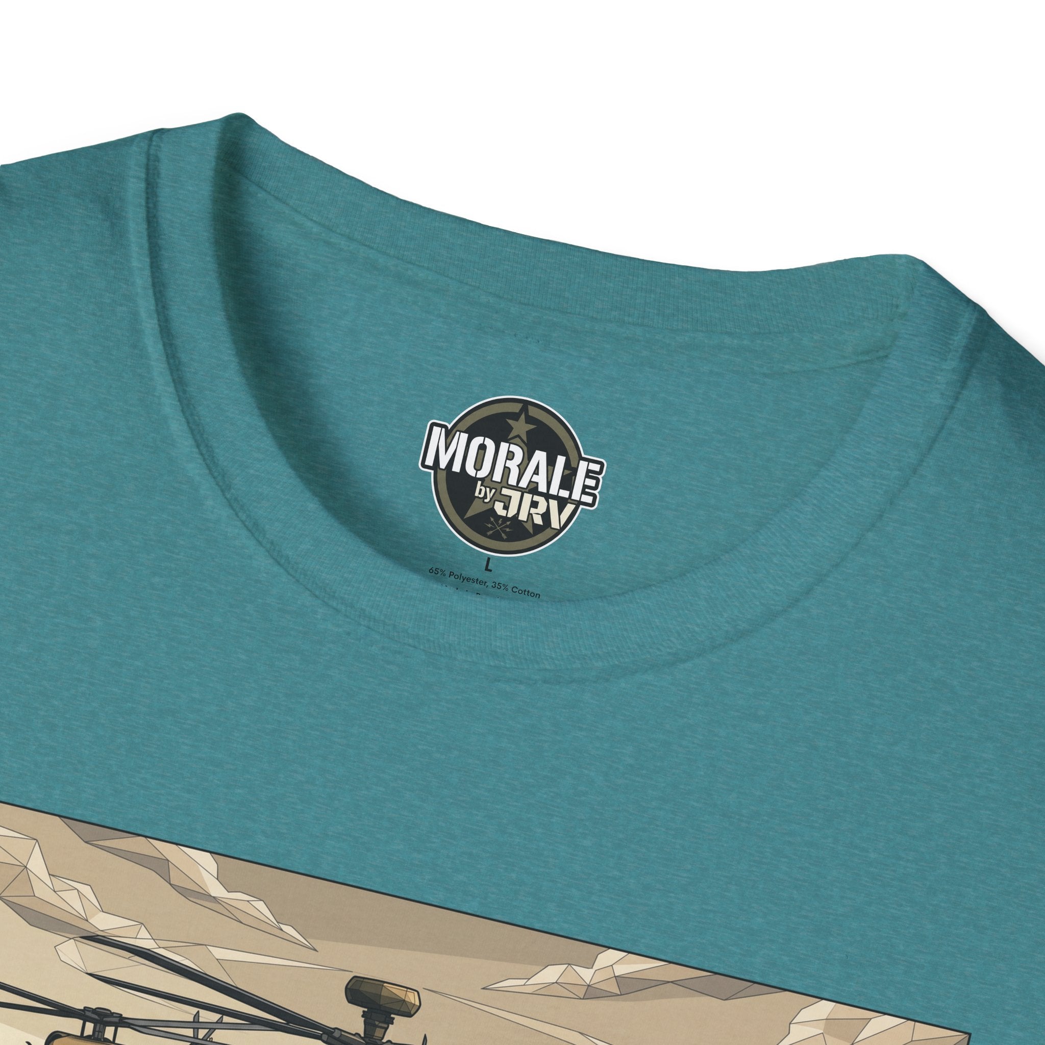 “MORALE by JRIV” collar logo on teal T-shirt.