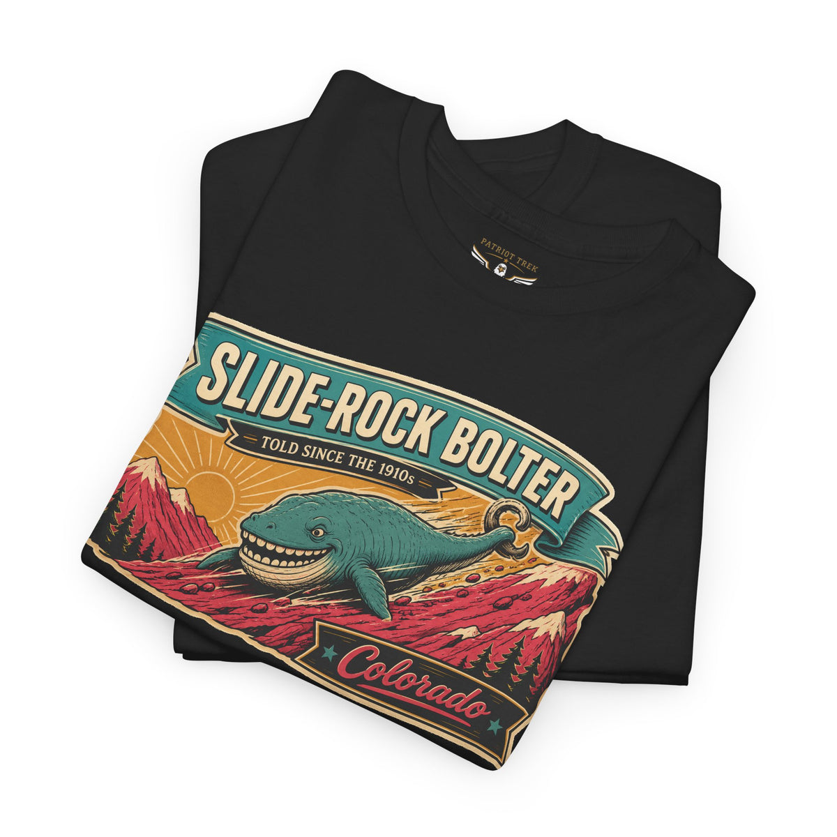 Black T-shirt with vintage train graphic reading 'Slide-Rock Bolter'.