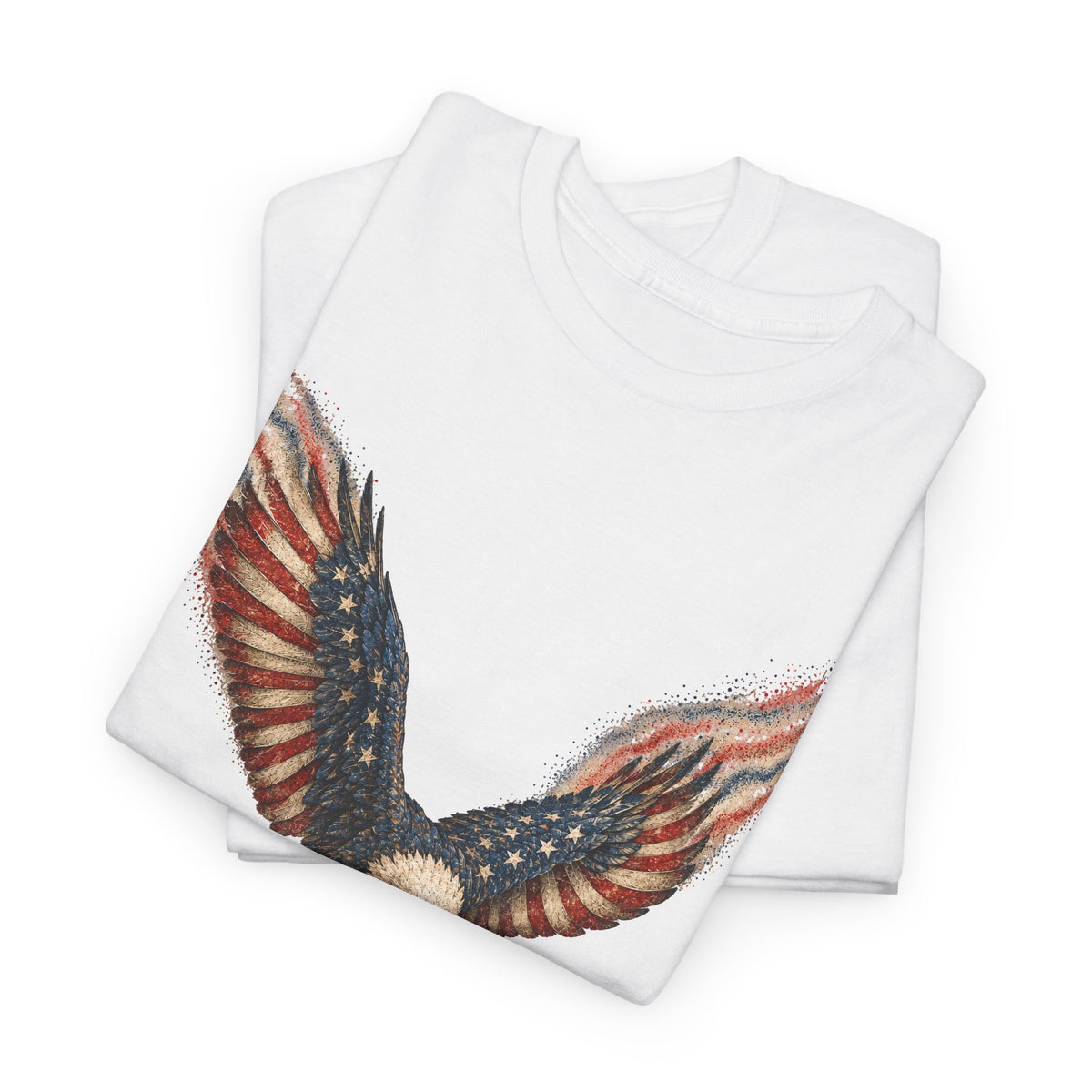 White crew-neck t-shirt with patriotic eagle wing graphic on the front