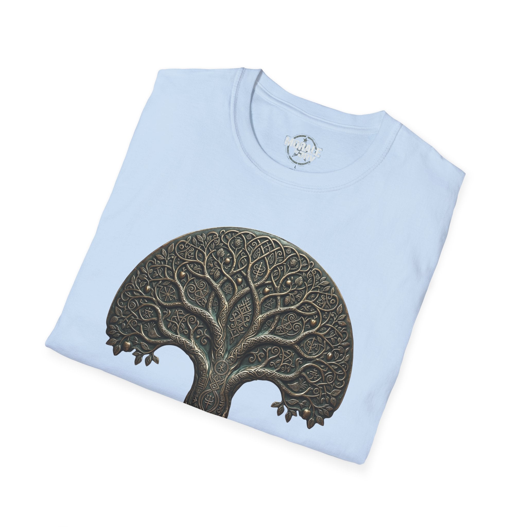 Light blue T-shirt with Celtic Tree of Life round mandala roots and branches design