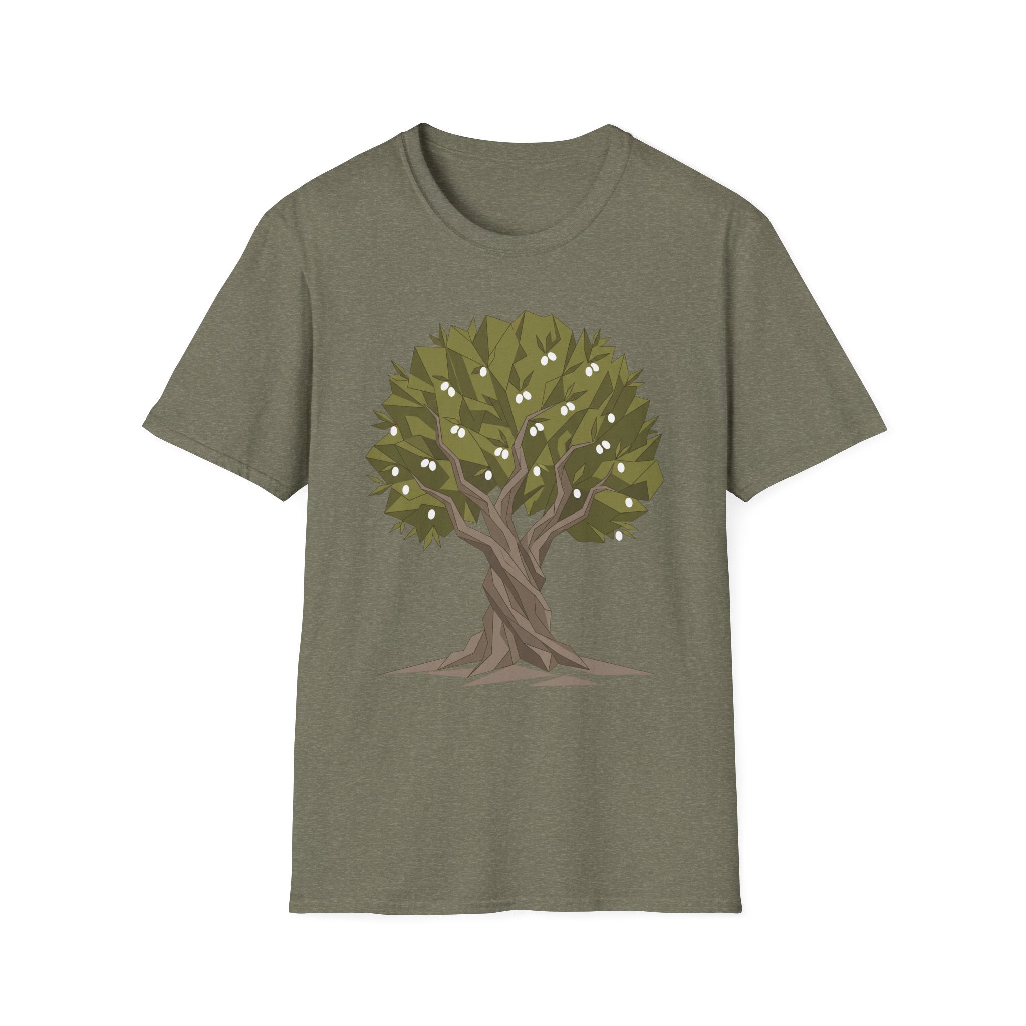 Twisted Olive Tree T-Shirt in olive green with twisted tree graphic and olive leaves