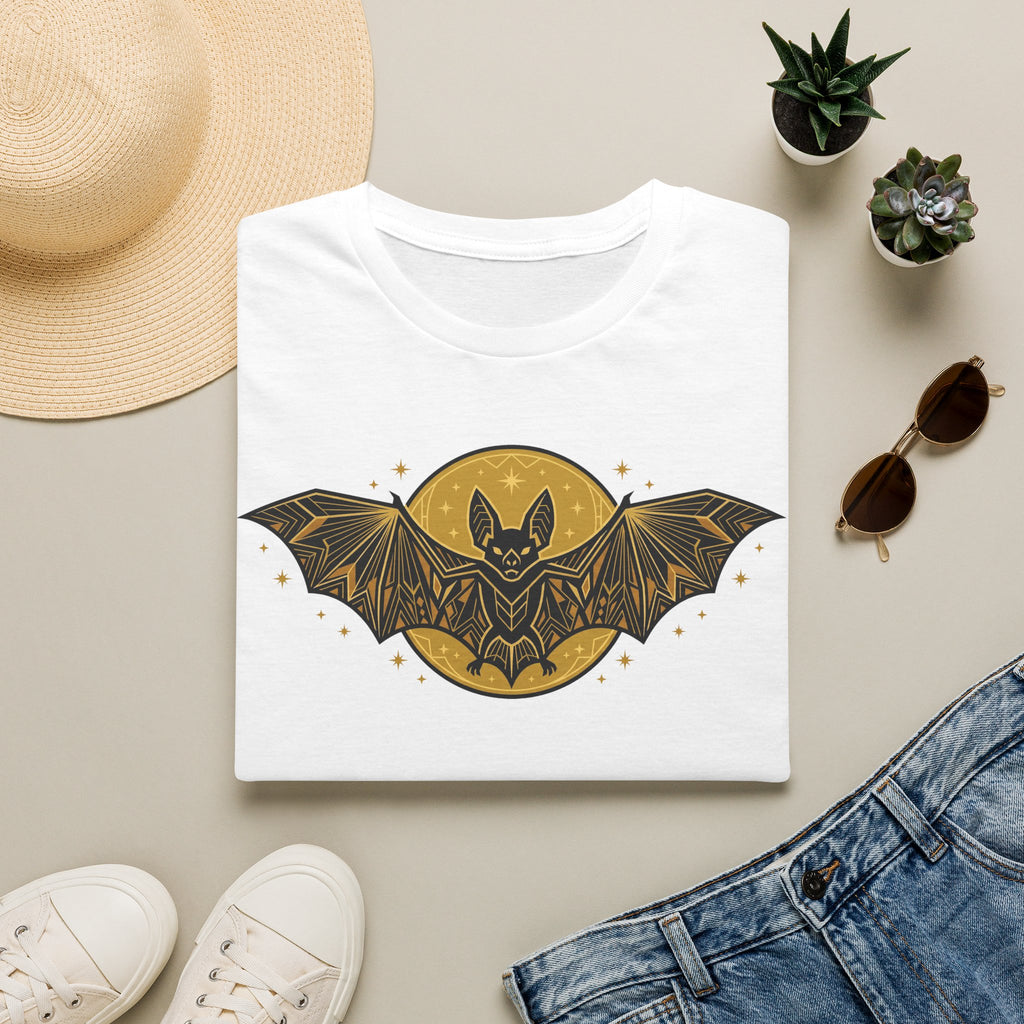 White graphic T-shirt with gold bat moon and winged stars