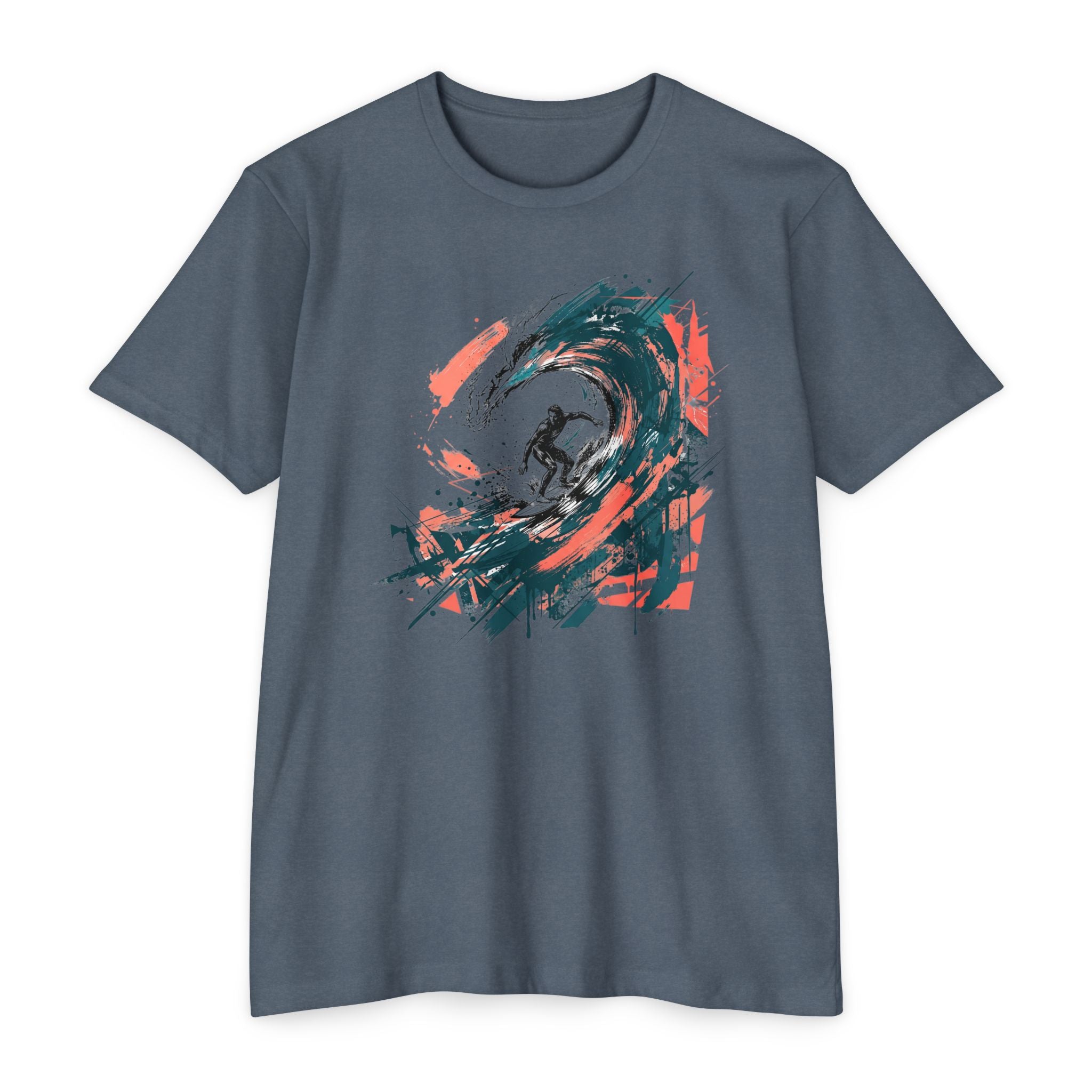 Dark slate unisex T-shirt with front abstract wave paintbrush graphic in teal, green, orange, and black