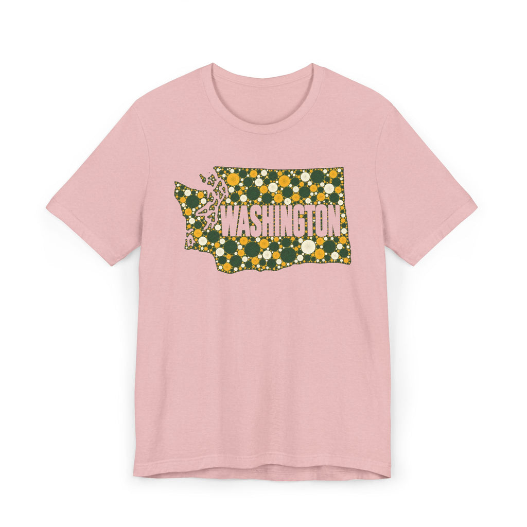 Dusty pink crewneck T-shirt with Washington floral dot outline graphic in green and gold