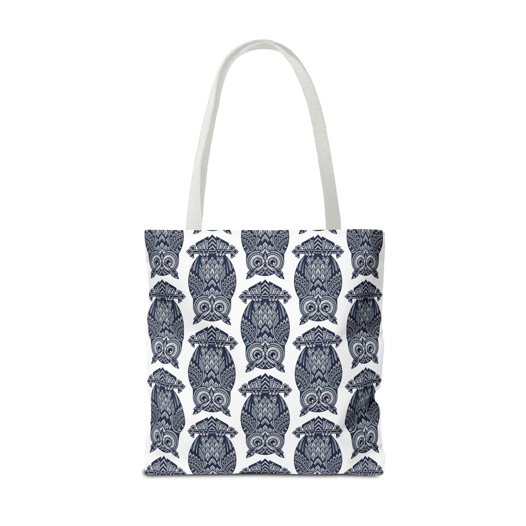 Tote bag with white handles and repeating navy owl pattern, full front