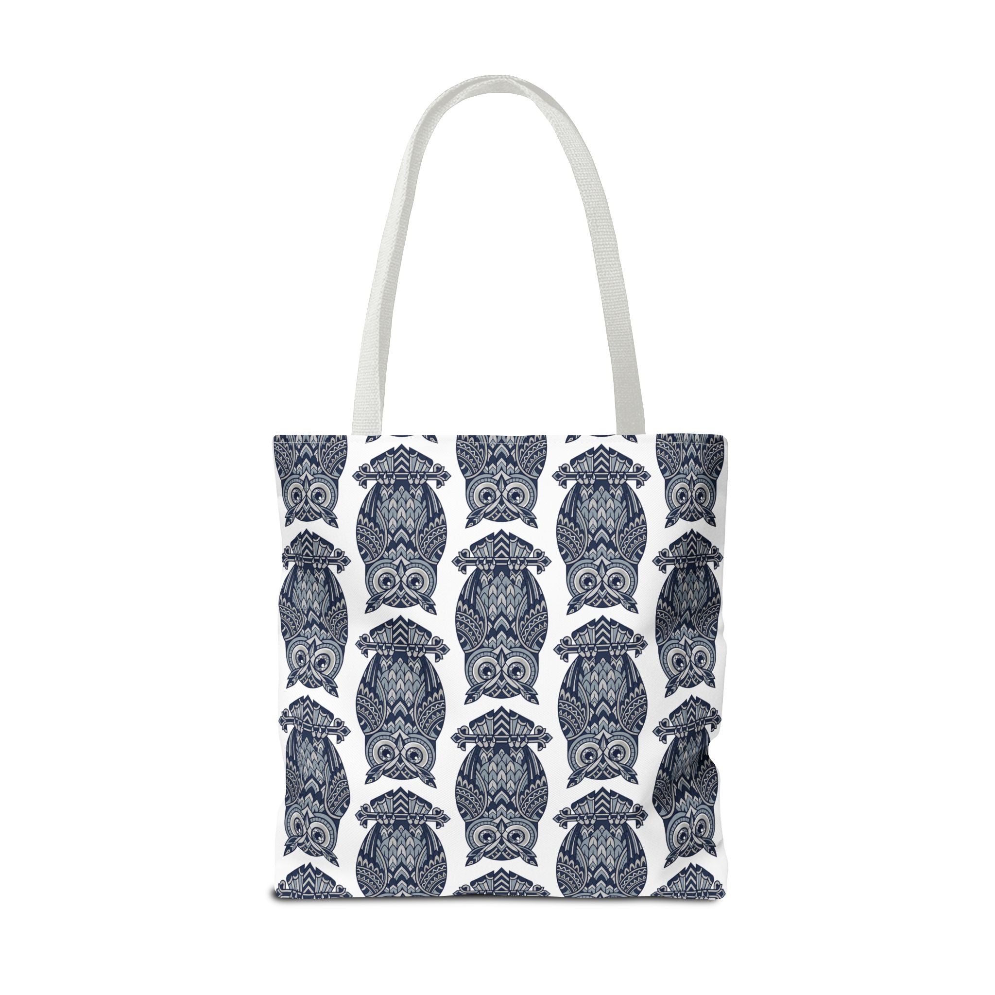 Tote bag with white handles and repeating navy owl pattern, full front