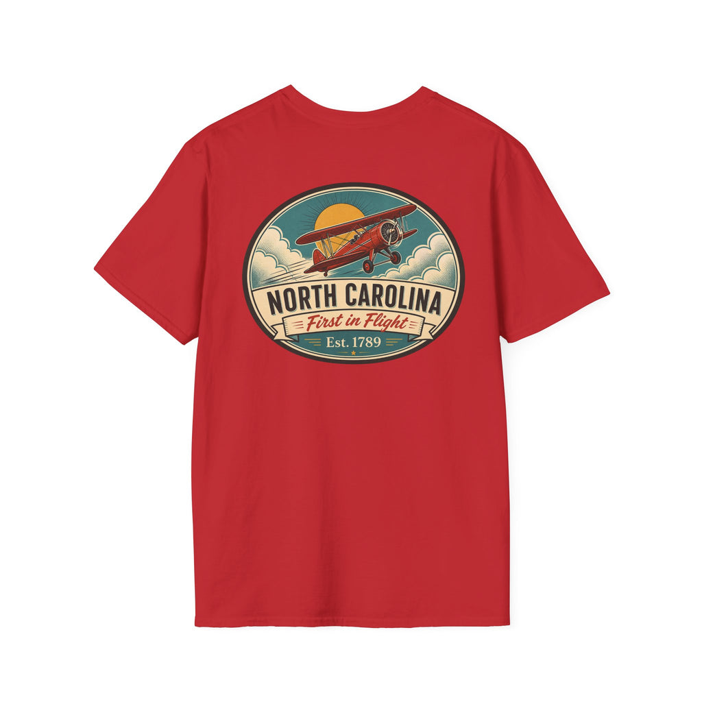 Red T-shirt with North Carolina biplane oval graphic, crewneck short sleeves