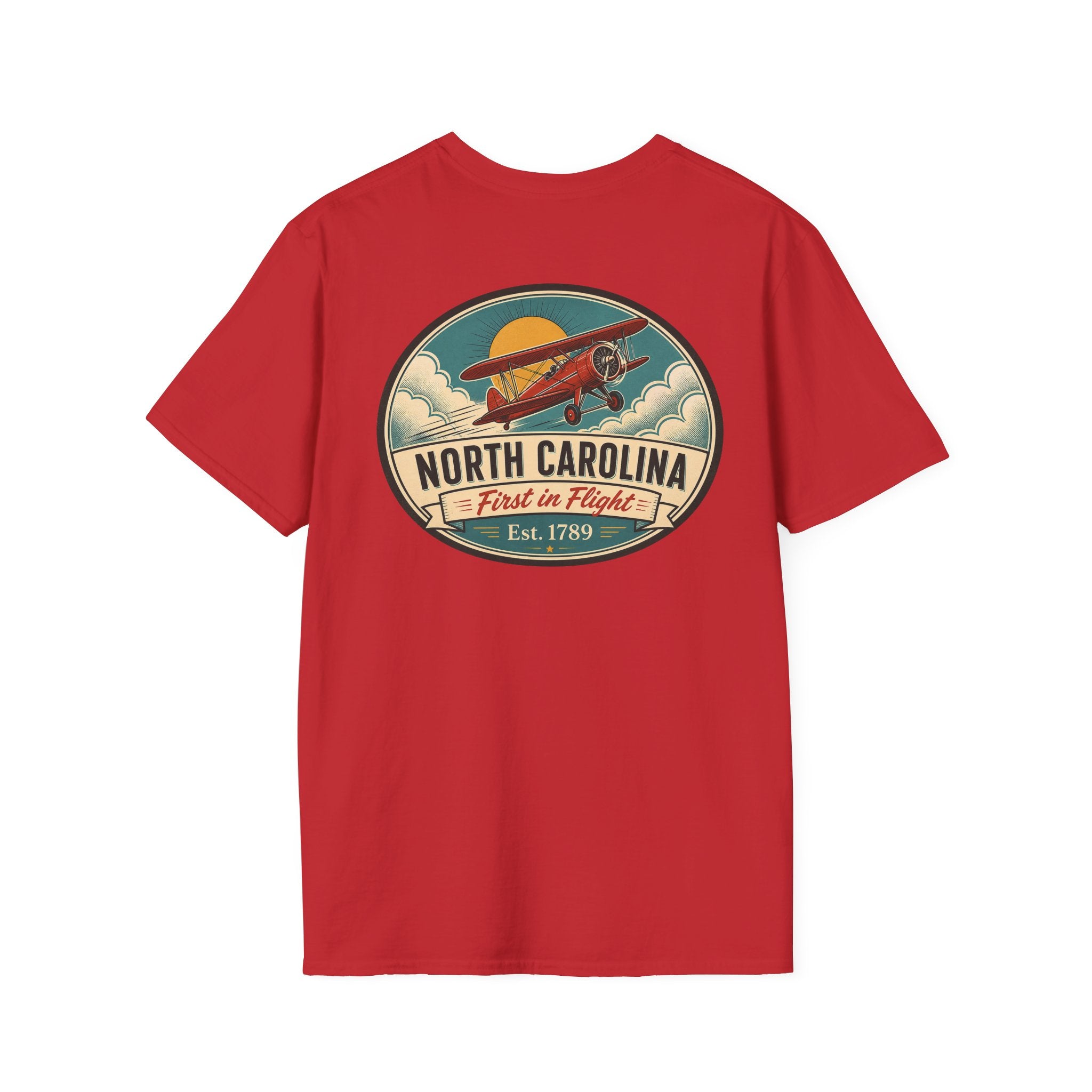 Red T-shirt with North Carolina biplane oval graphic, crewneck short sleeves
