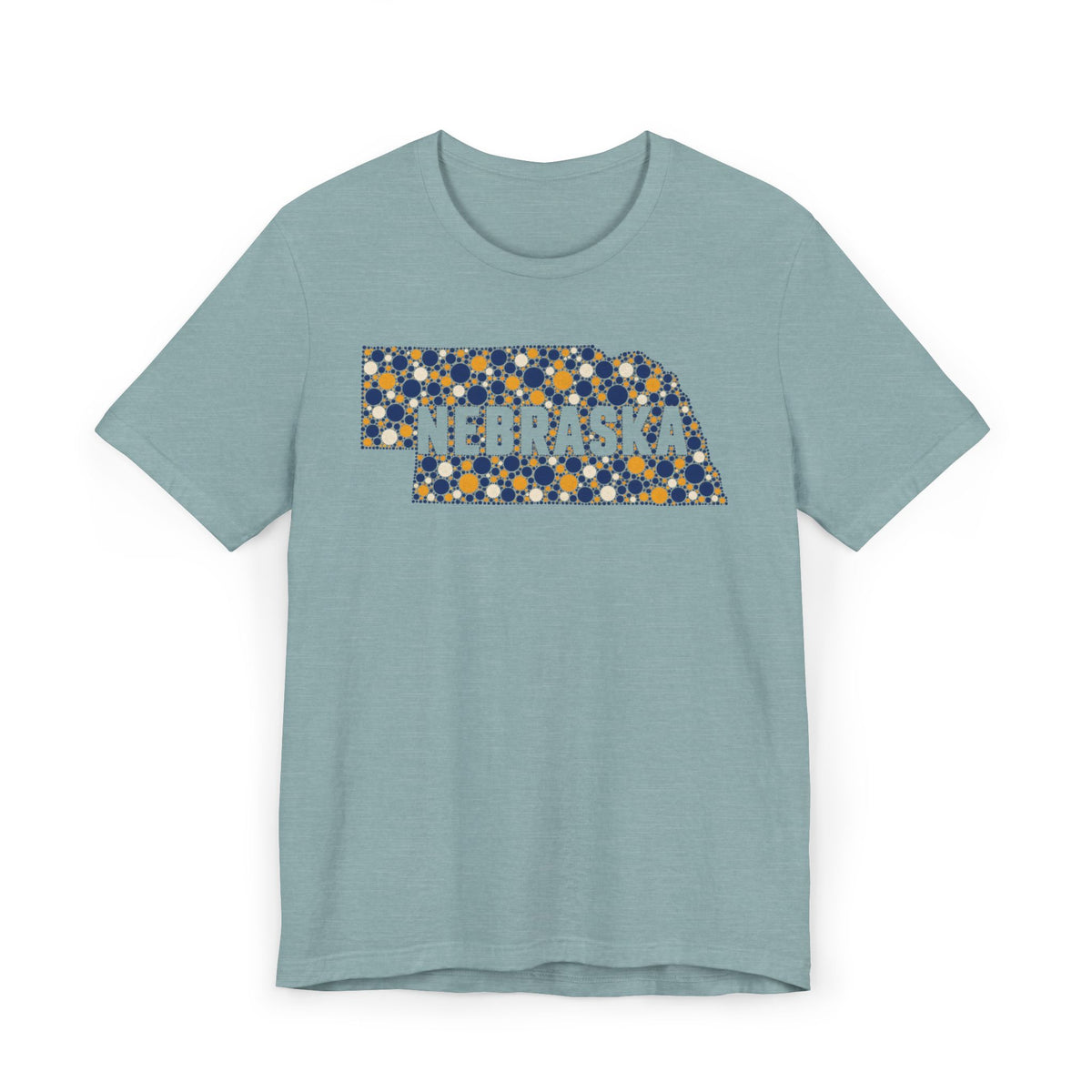Heather light blue tee with floral Nebraska outline graphic and NEBRASKA text