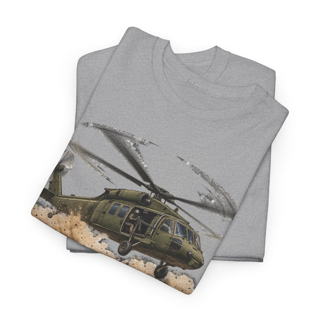 Gray t-shirt with helicopter graphic print on the front