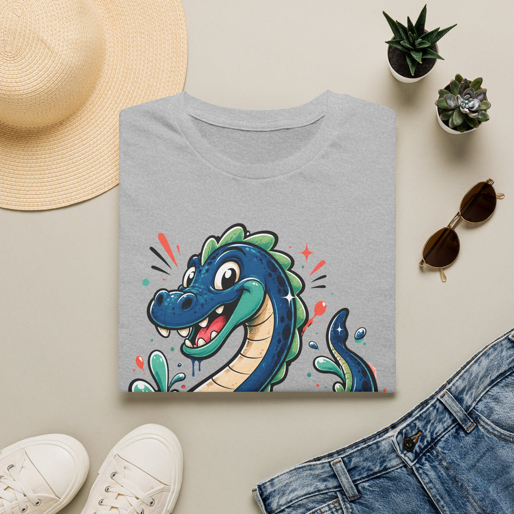 Light gray sea serpent graphic T-shirt with cartoon lake monster face on front