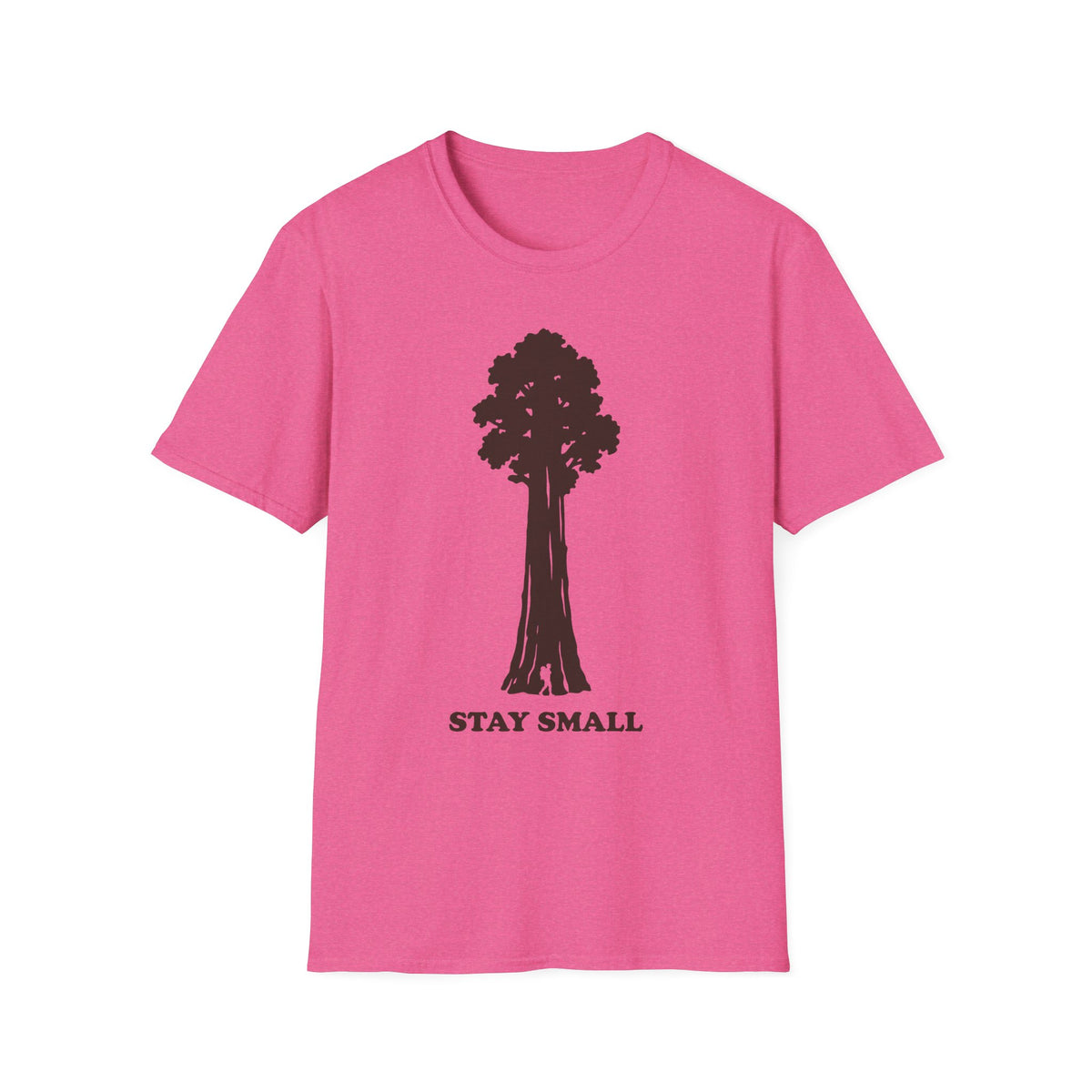 Pink tree graphic T-shirt with 'STAY SMALL' text on front, crew neck
