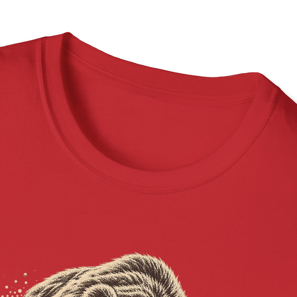 Red crewneck t-shirt neckline with partial bear graphic print