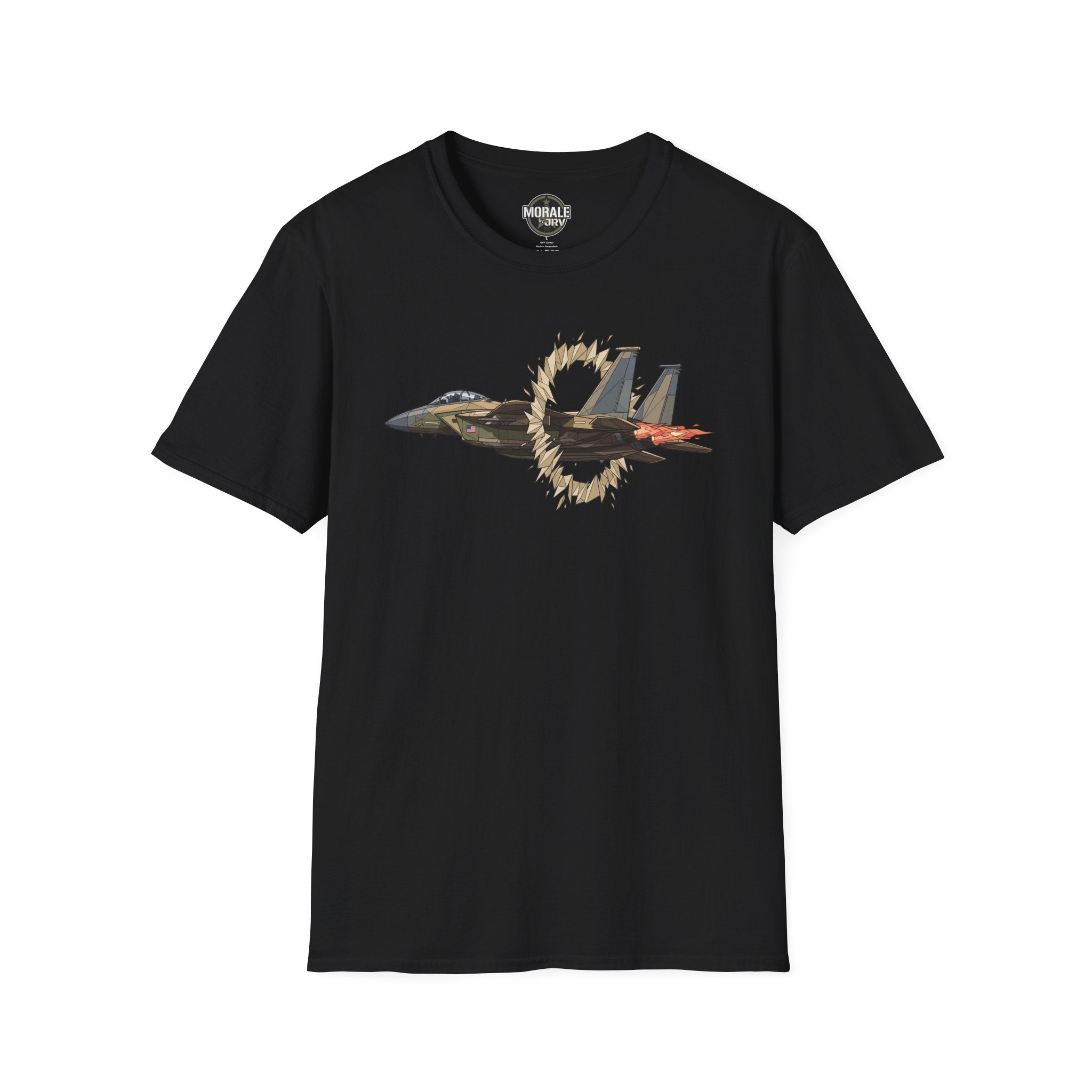 Black t-shirt with fighter jet graphic and ring of fire burst print across chest