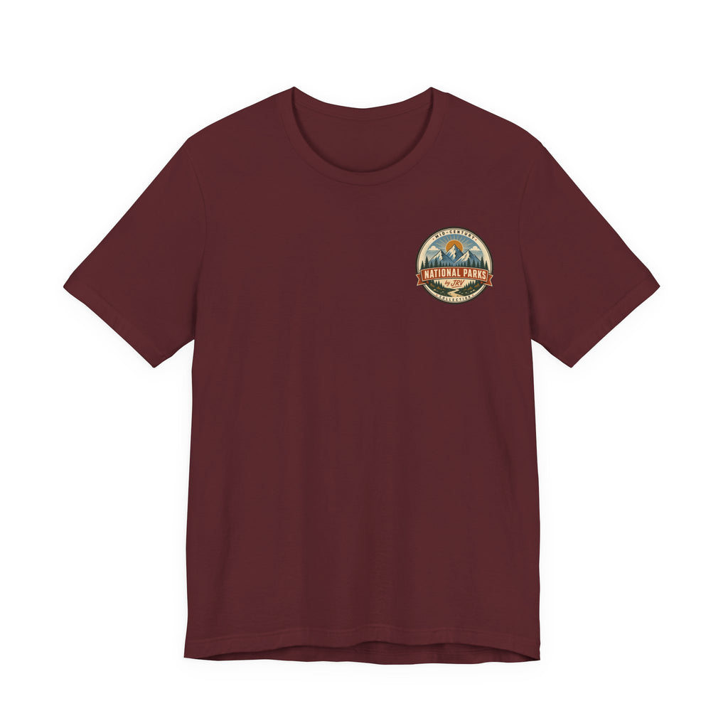 Maroon crew neck t-shirt with small circular park logo on the chest