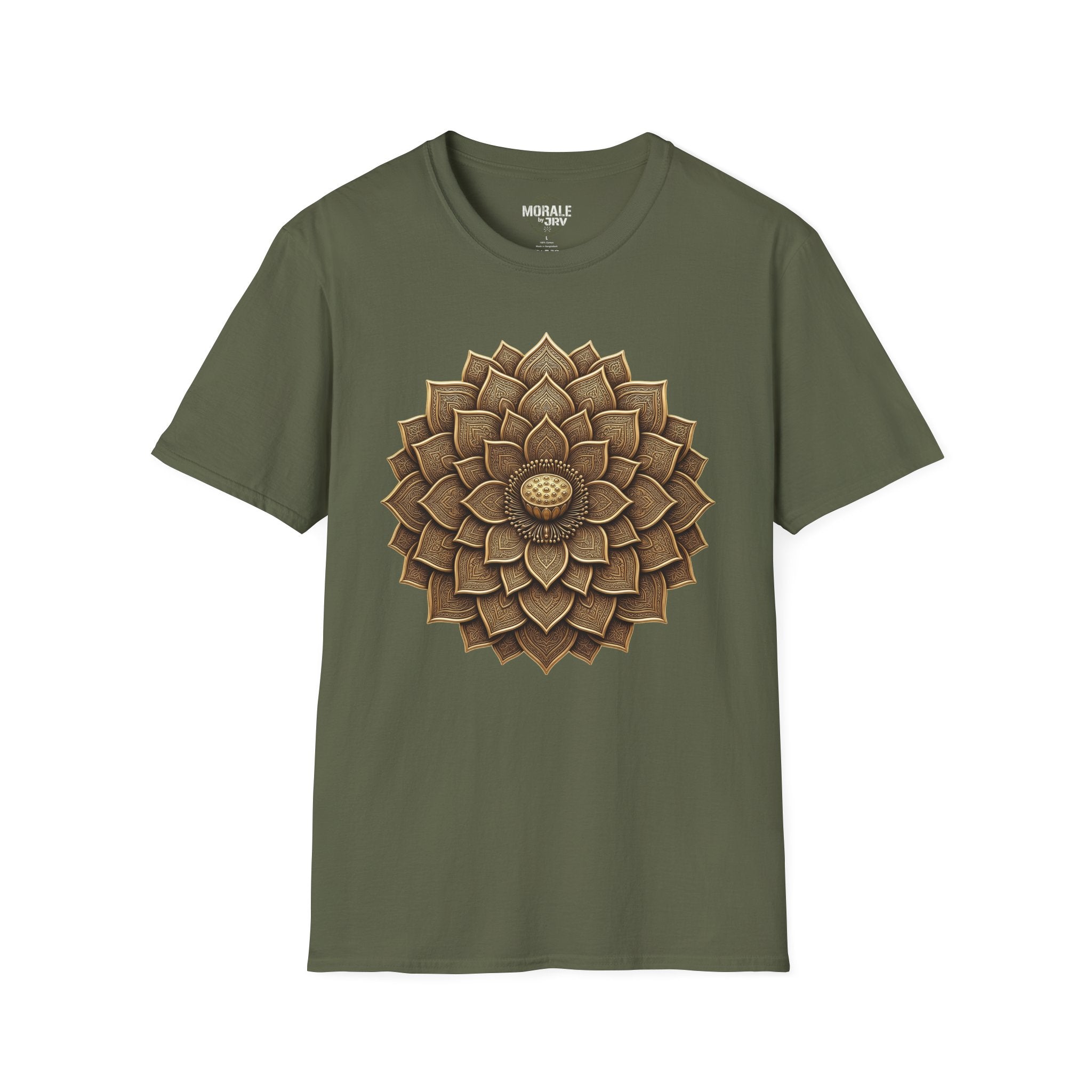 Military green T-shirt with bronze geometric flower mandala sunburst front print
