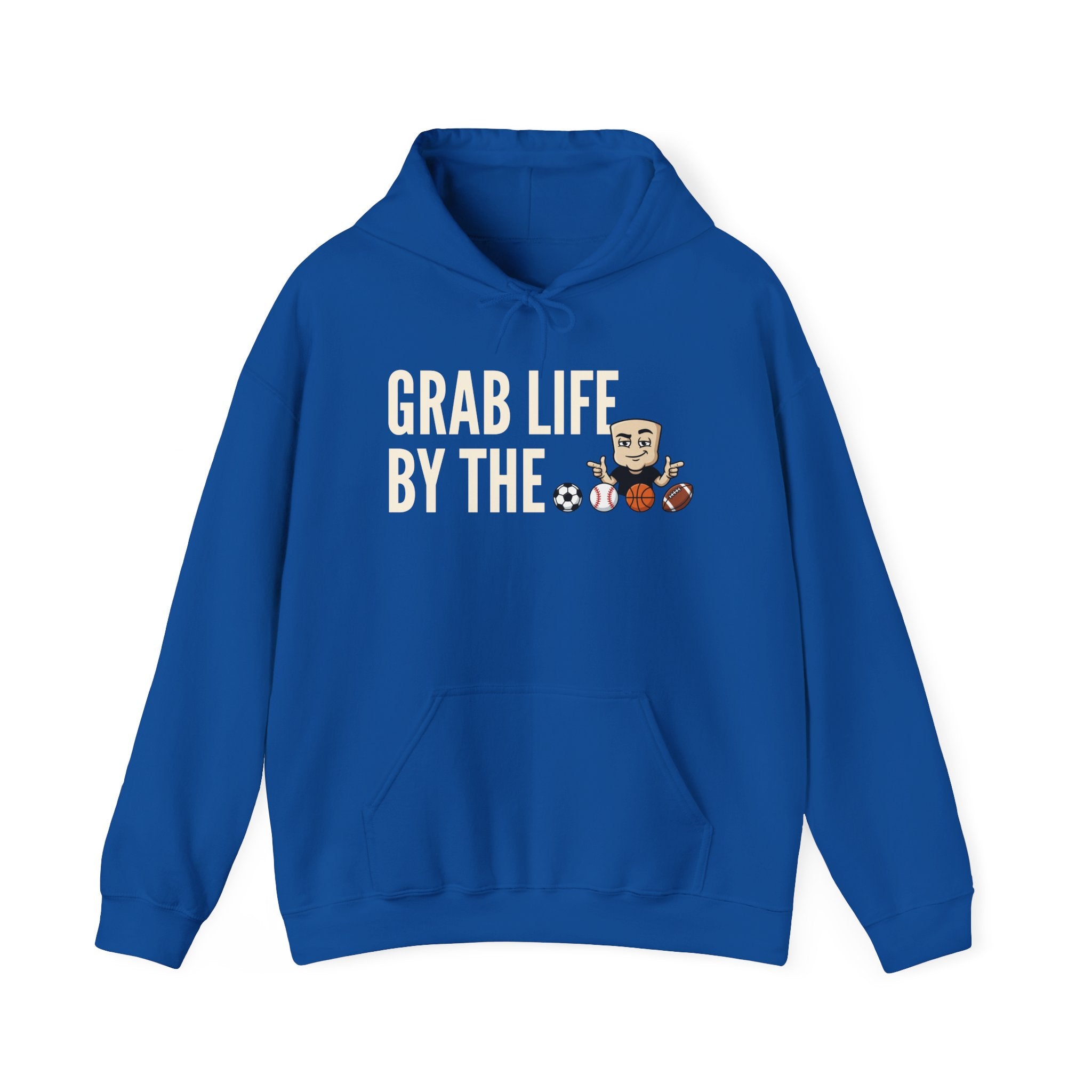 Royal blue hoodie with front pocket and drawstring; "GRAB LIFE BY THE" sports graphic