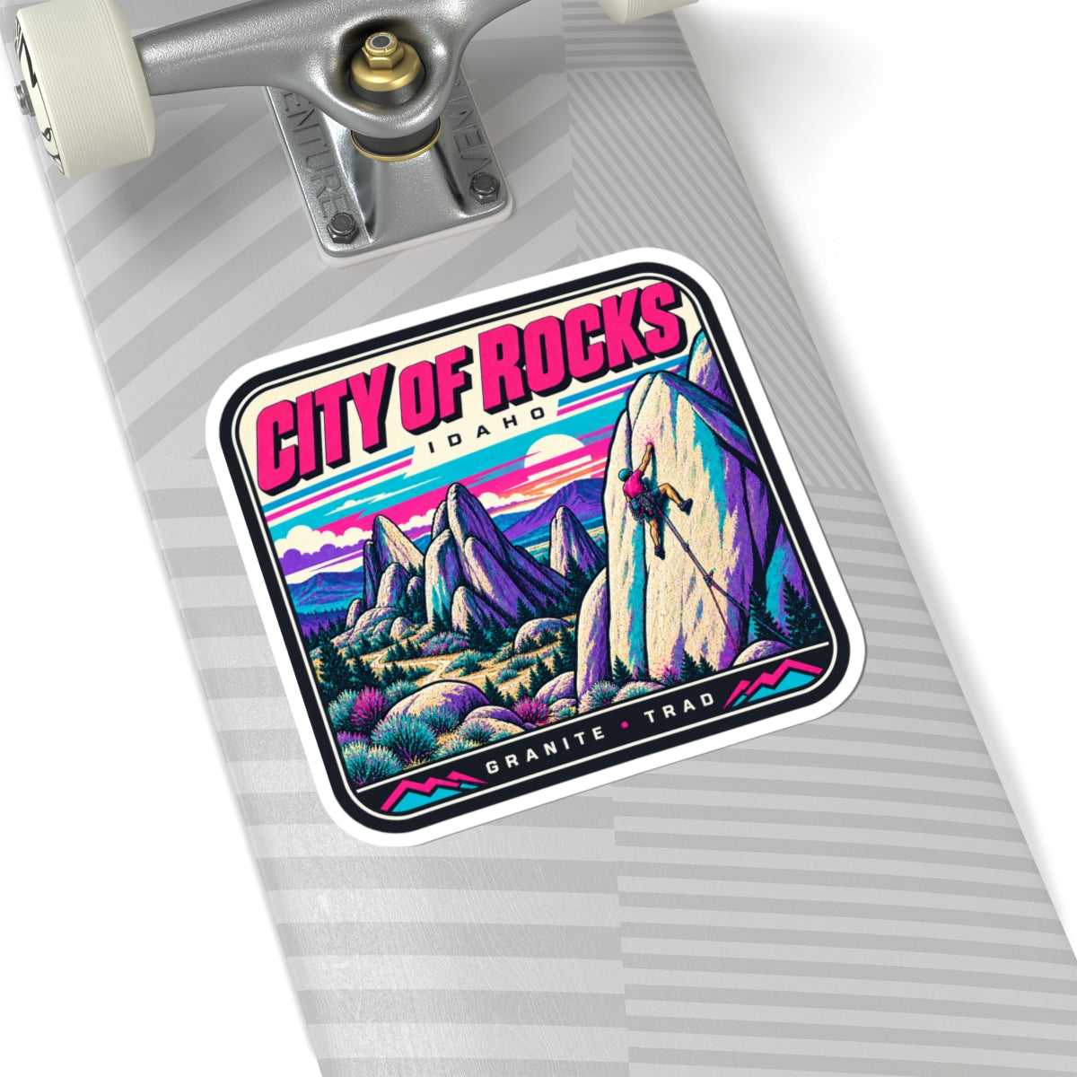 Square climber sticker with striped border, 'CITY OF ROCKS' and 'GRANITE · TRAD' text