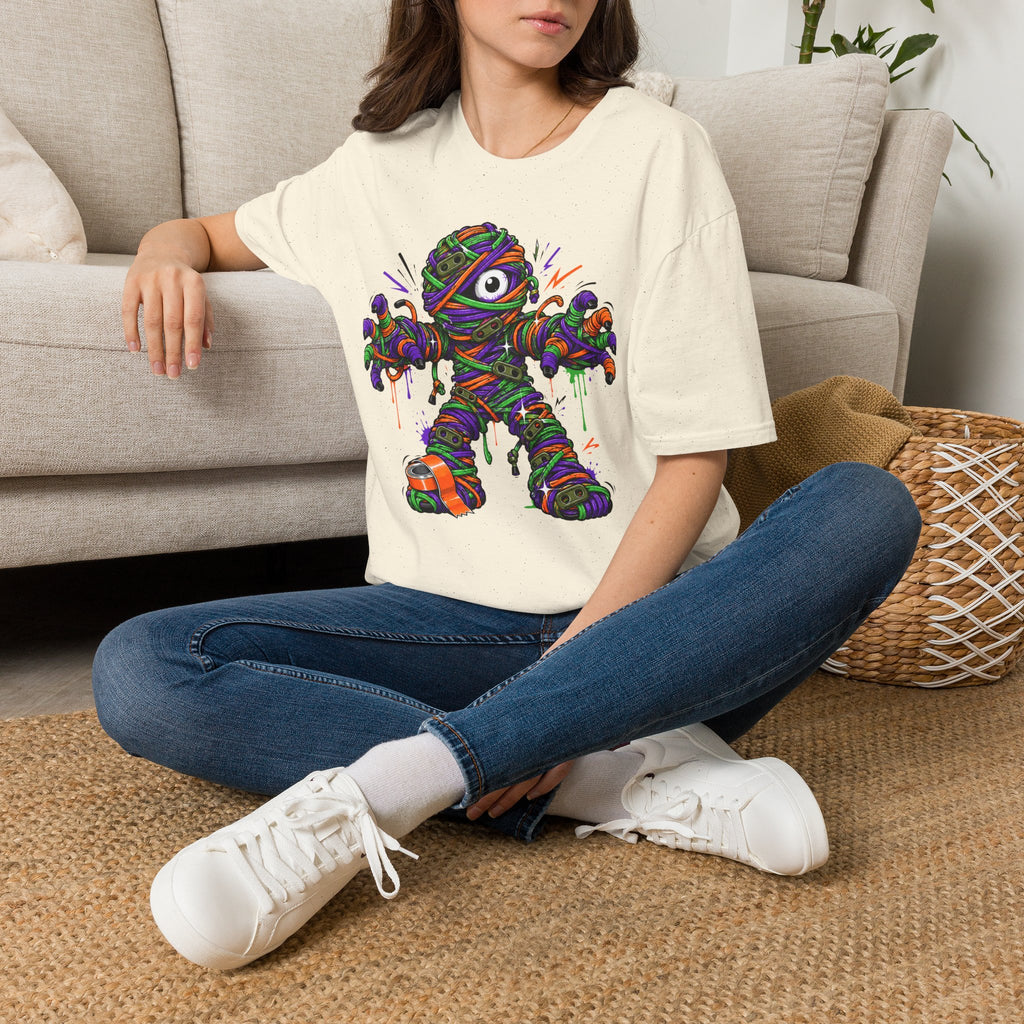 Natural wrapped monster graphic t-shirt worn by model, colorful front design