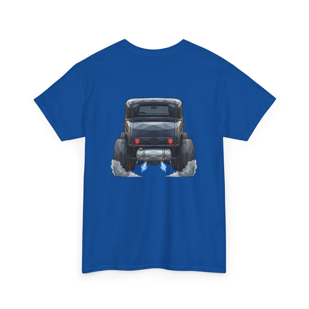 Blue short-sleeve T-shirt with vintage hot rod graphic on the chest, smaller centered print