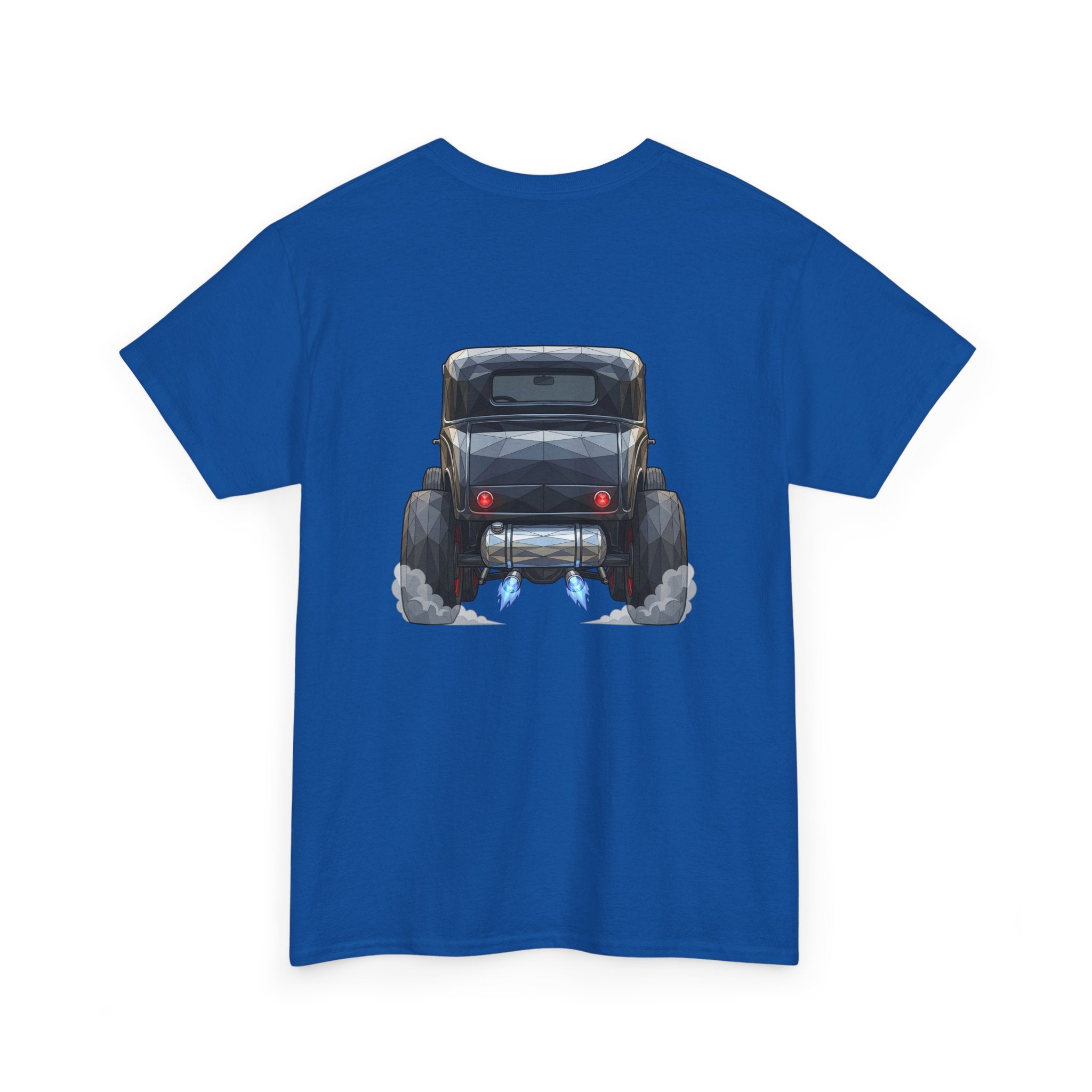 Blue short-sleeve T-shirt with vintage hot rod graphic on the chest, smaller centered print