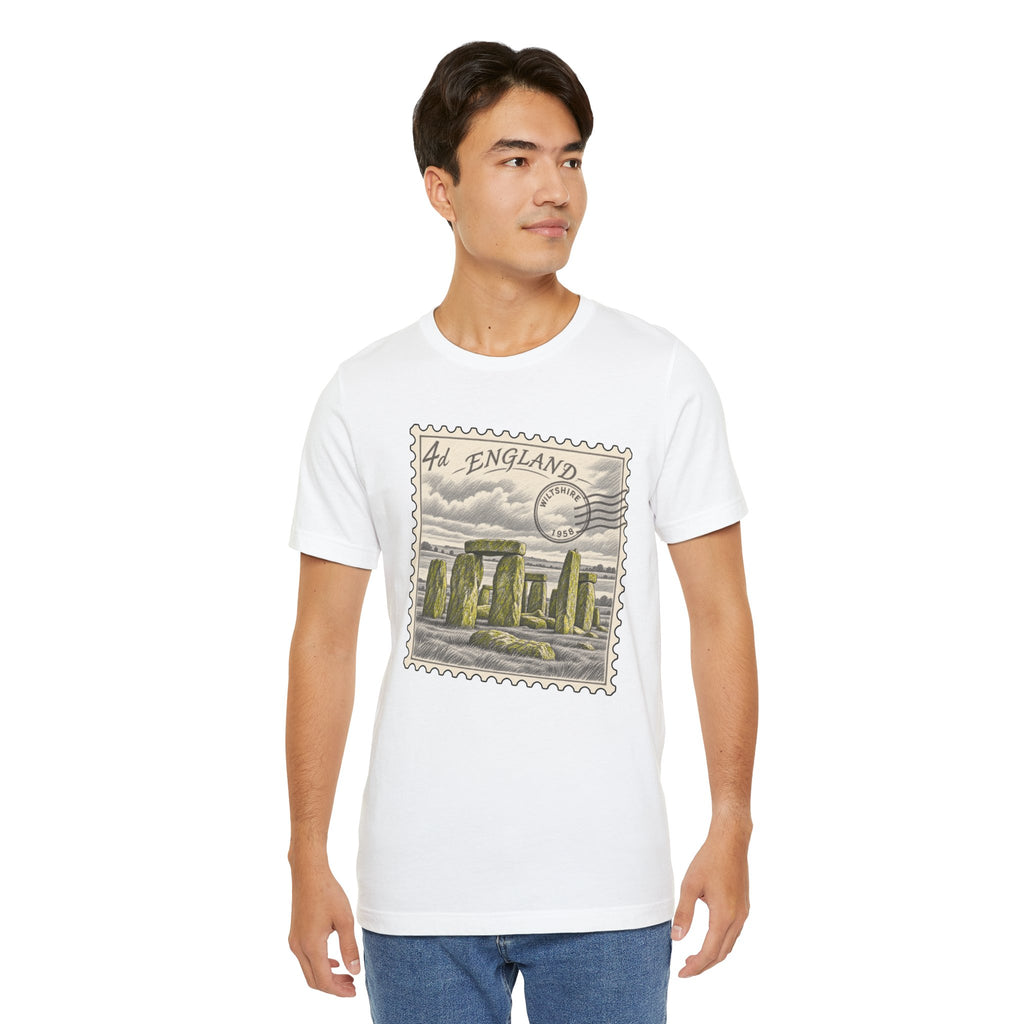 White T-shirt with England postage stamp graphic on the front
