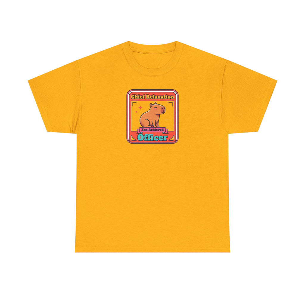 Mustard yellow graphic T-shirt with capybara zen badge logo at center