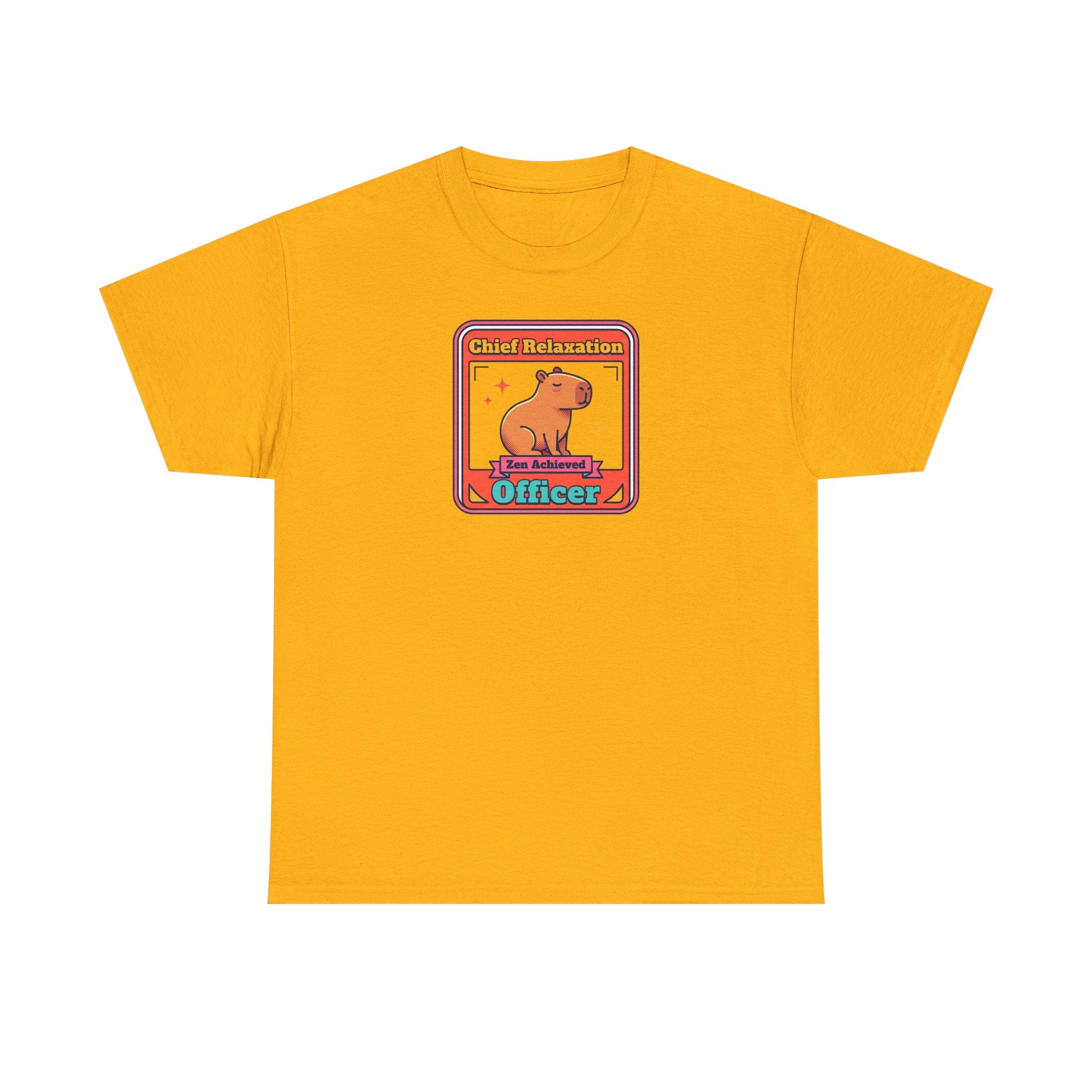 Mustard yellow graphic T-shirt with capybara zen badge logo at center