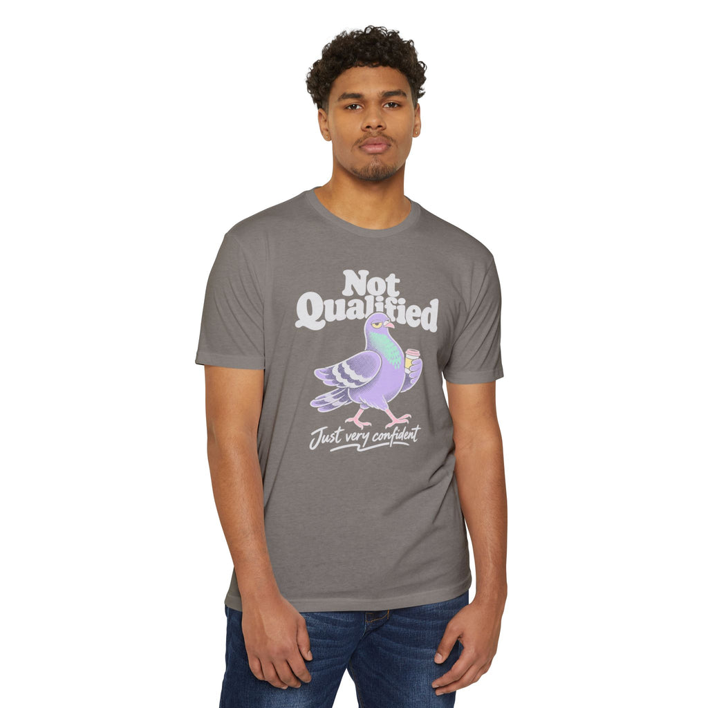Gray short-sleeve T-shirt with “Not Qualified” pigeon graphic on front