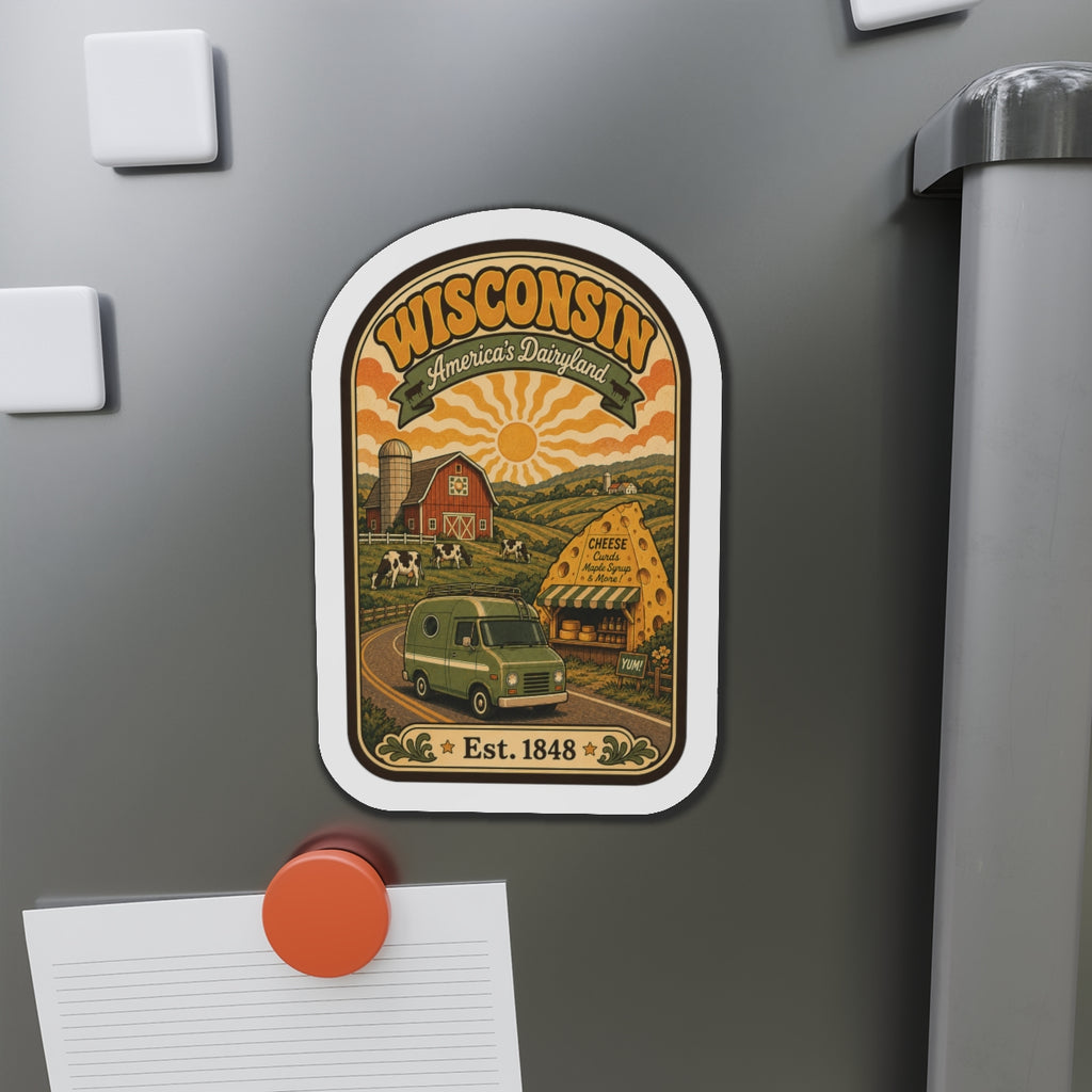 Rounded die-cut Wisconsin Dairyland magnet on grey fridge with pinned paper