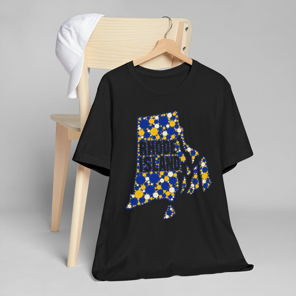 Black crew-neck T-shirt with blue and yellow dotted Rhode Island state outline graphic.