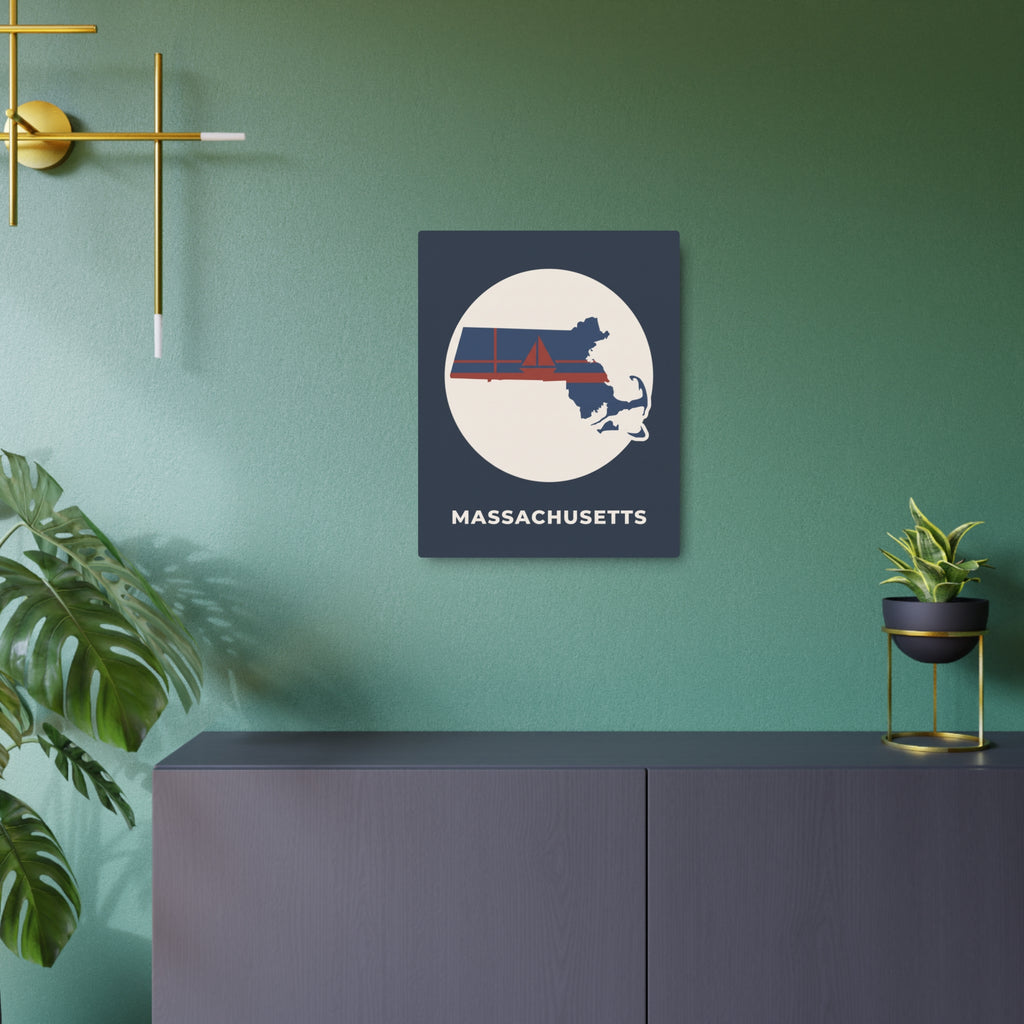 Square metal art sign showing circular Massachusetts silhouette and "MASSACHUSETTS" caption