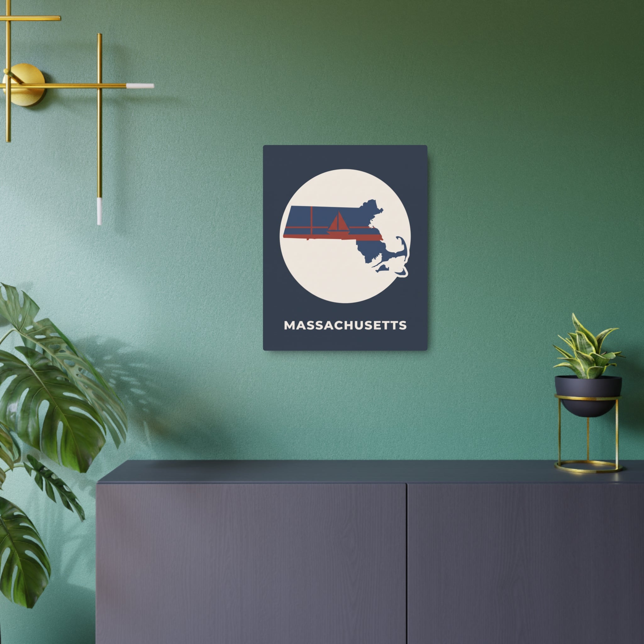 Square metal art sign showing circular Massachusetts silhouette and "MASSACHUSETTS" caption